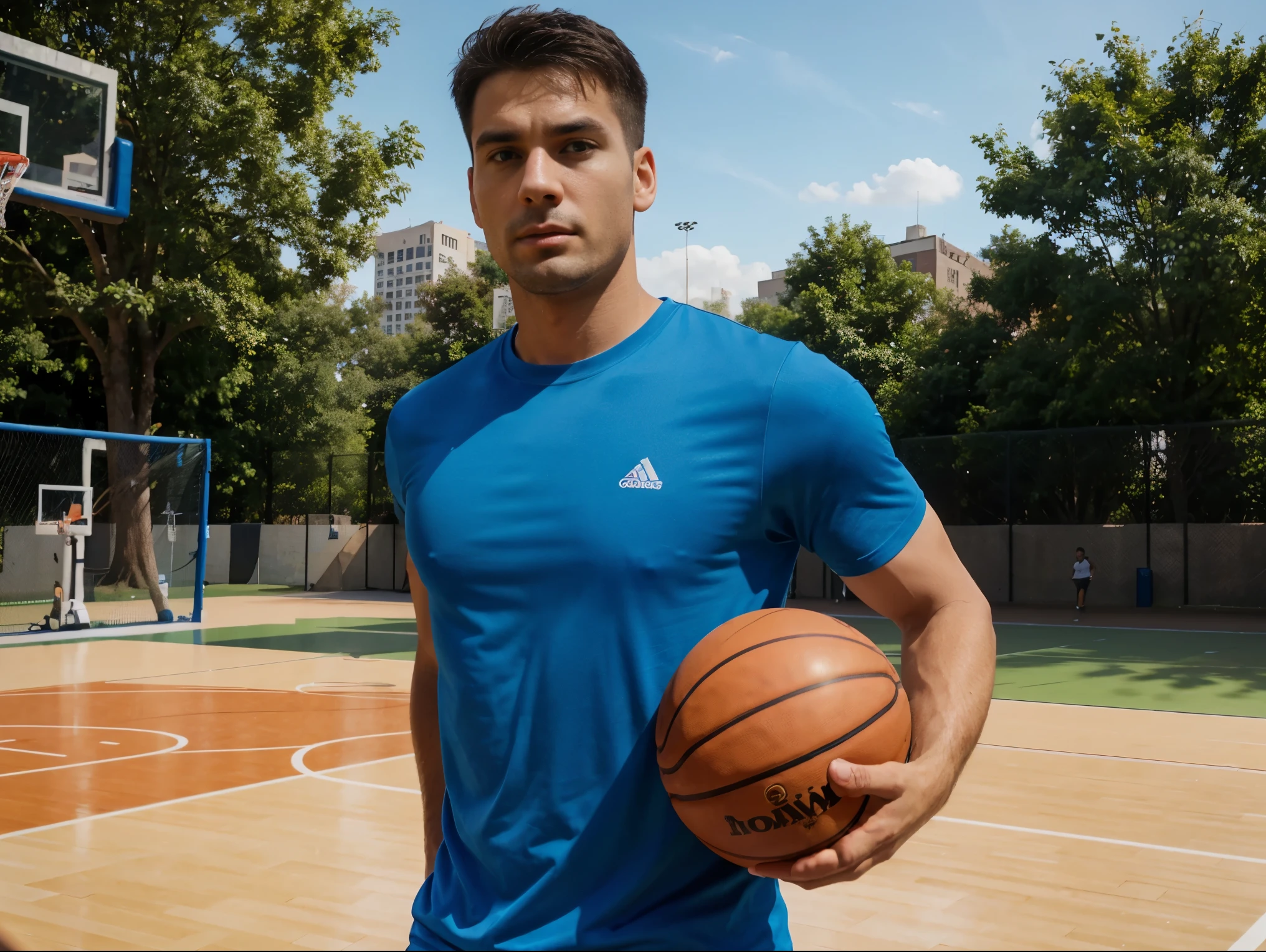 man playing basketball on a court in the park wearing a blue t-shirt, ultra realistic, extreme details, Ultra HD