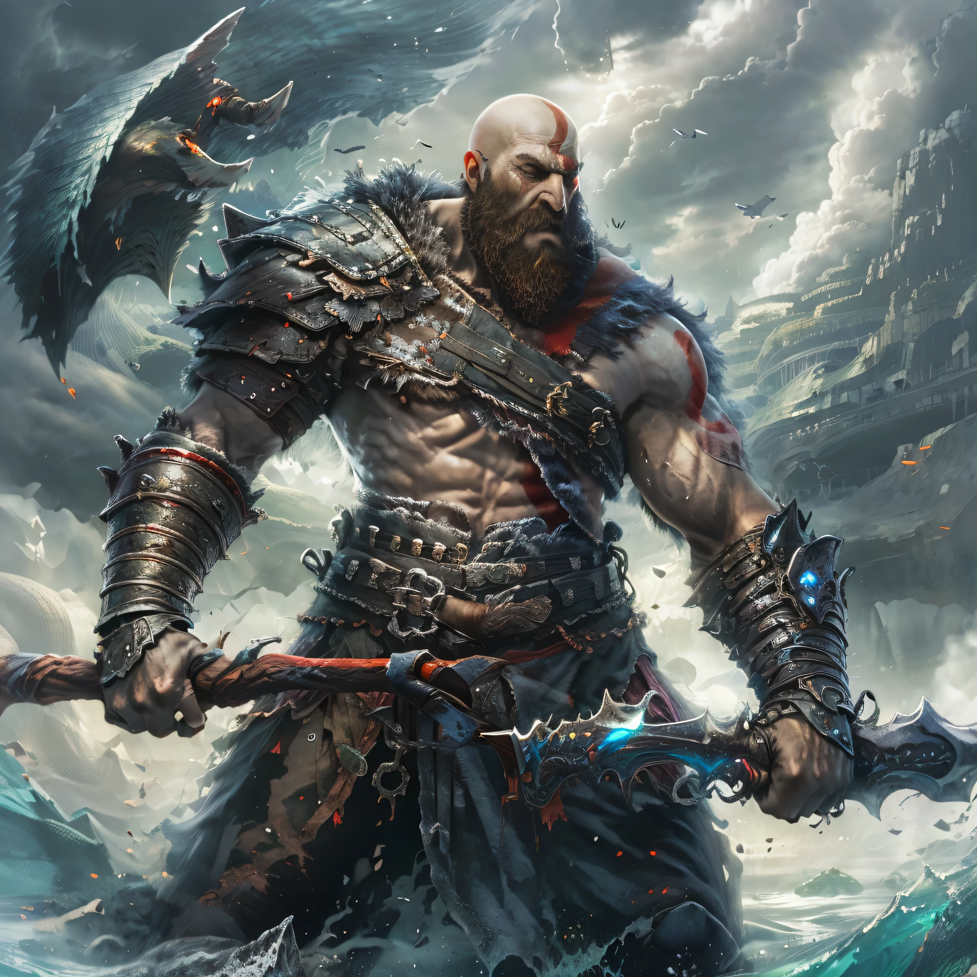 (masterpiece, best quality, detailed:1.2),  kratosGOW_soul3142, cold face, metal shorts, mountain, seascape, clouds, 1boy, scar, beard, realistic, bald, armor, Leviathan Axe, upper body shot