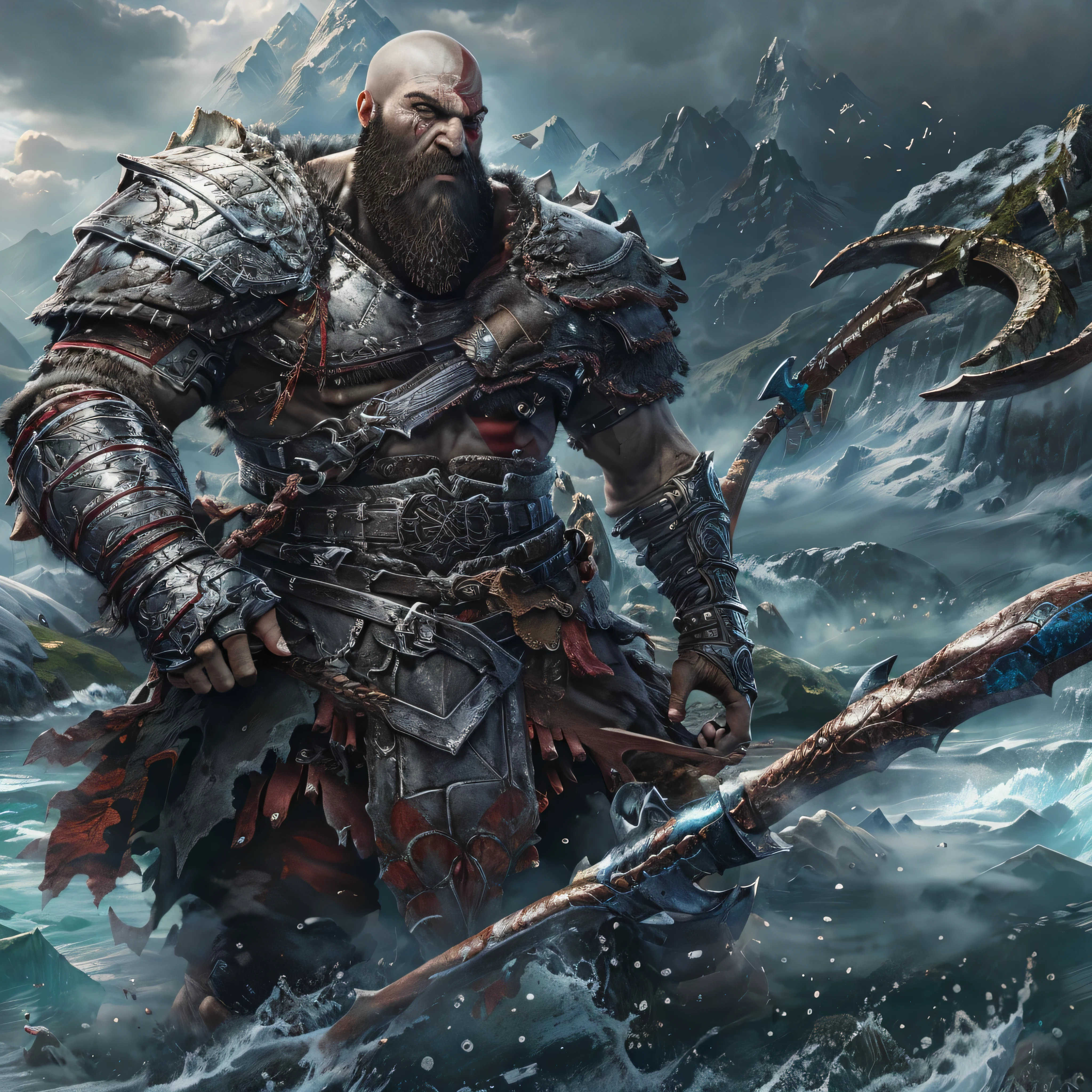 (masterpiece, best quality, detailed:1.2),  kratosGOW_soul3142, cold face, metal shorts, mountain, seascape, clouds, 1boy, scar, beard, realistic, bald, armor, Leviathan Axe, upper body shot