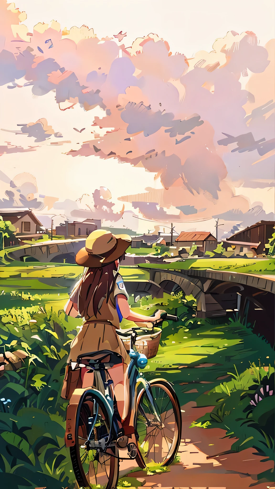 Photo of a woman riding a bicycle on a dirt road, anime countryside scenery, Beautiful peace scene in anime, beautiful anime scene, ( ( Makoto Shinkai ) ), Drawn at Anime Painter Studio, Shinkai Makoto style, Produced at Anime Artist Studio, Ghibli Anime Style, Ghibli Anime Style style, anime movie background, beautiful anime scenery, anime background