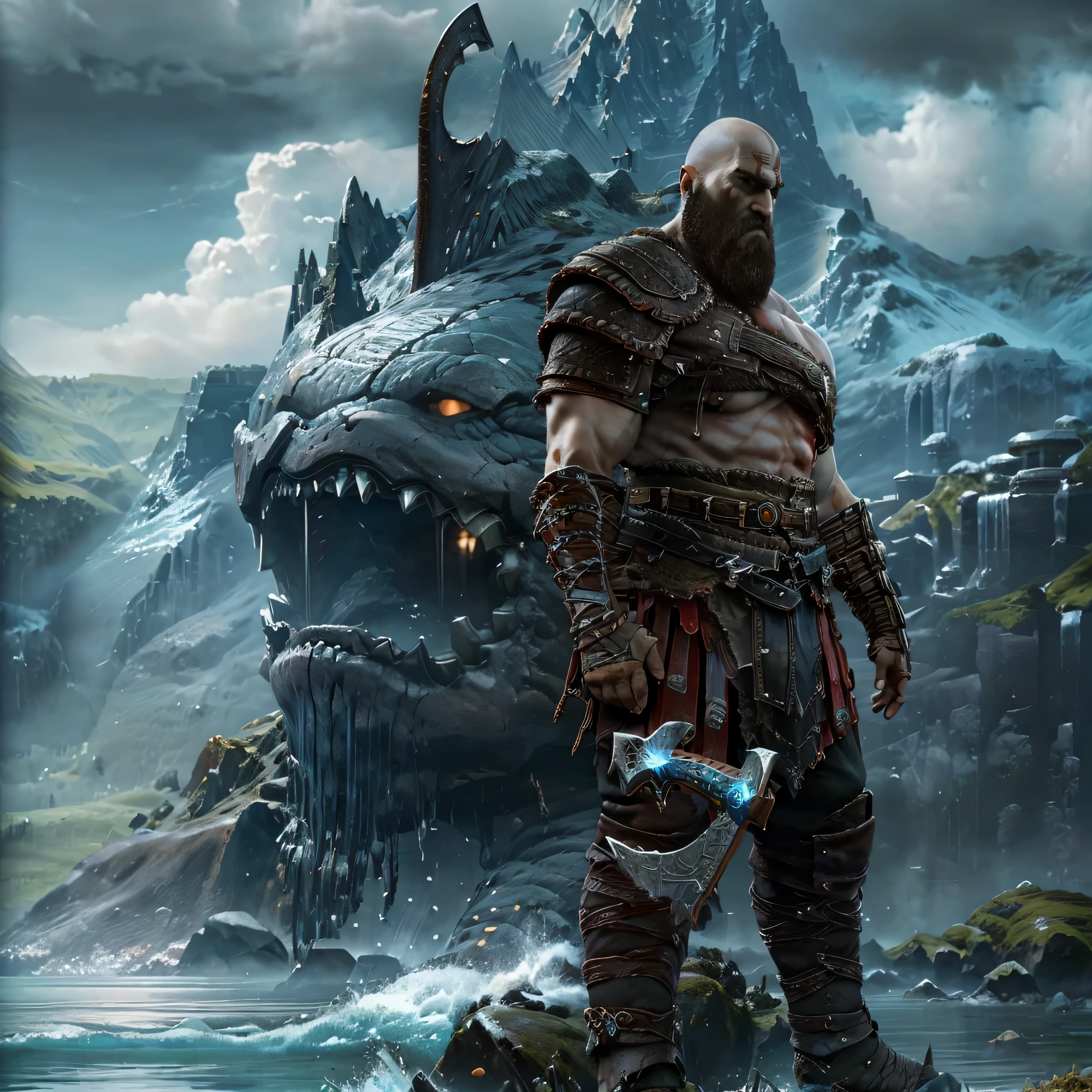 (masterpiece, best quality, detailed:1.2), kratosGOW_soul3142, cold face, metal shorts, mountain, seascape, clouds, 1boy, scar, beard, realistic, bald, armor, Leviathan Axe, upper body shot