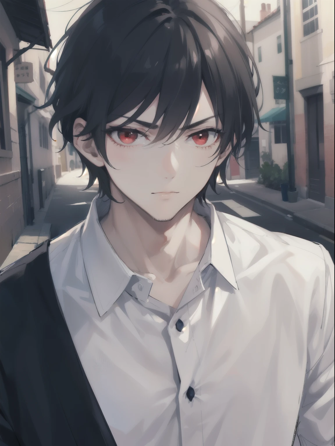 A man, black hair and red eyes, wearing a white shirt, night, quite alley, mascular, badass, close up Ultra Detail,Haig Quality,sketch,1boy,matured male,Beautiful face