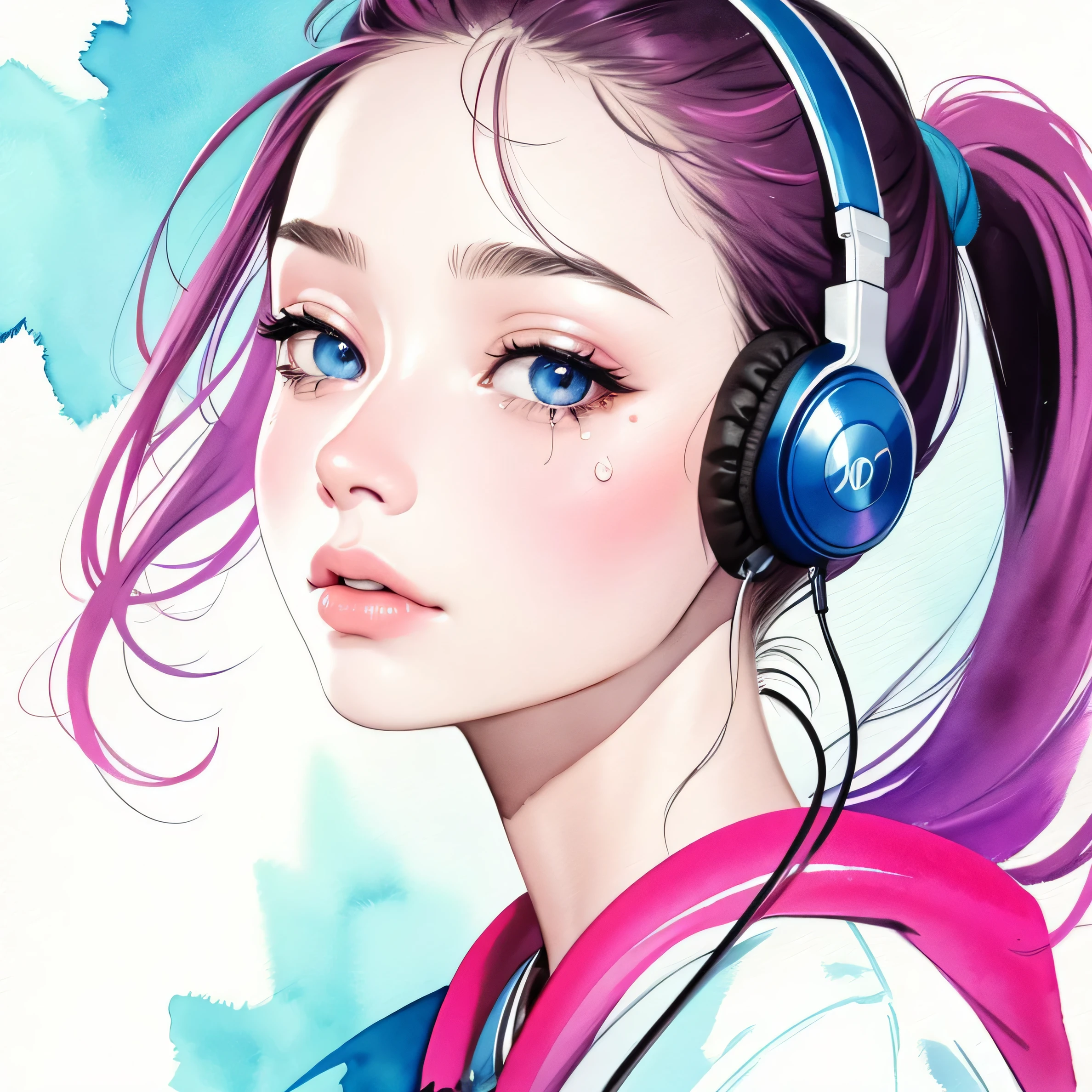 close up of face、colorful、headphones、watercolor、ponytail、cry、10 years old