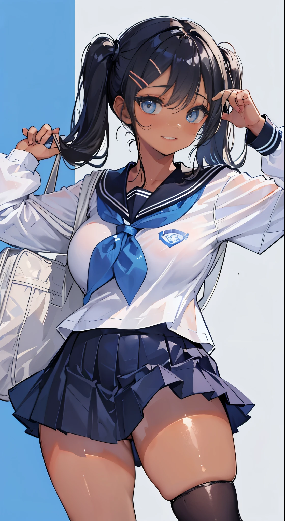 "(perfect masterpiece:1.2), (highest quality:1.2), stunning face, compensate, long and luxurious eyelashes, lip whole, irresistible charisma.",(()),(((twin tails))),raised his arms,NSFW,(((Chubby))),((((school uniform))),hair clip,wallpaper,(((black hair))),very long bangs,hair between eyes,((Are fat)),blue skirt,have a school bag,black long socks,smile,((((tanned skin)))),blue eyes,Pants with laces