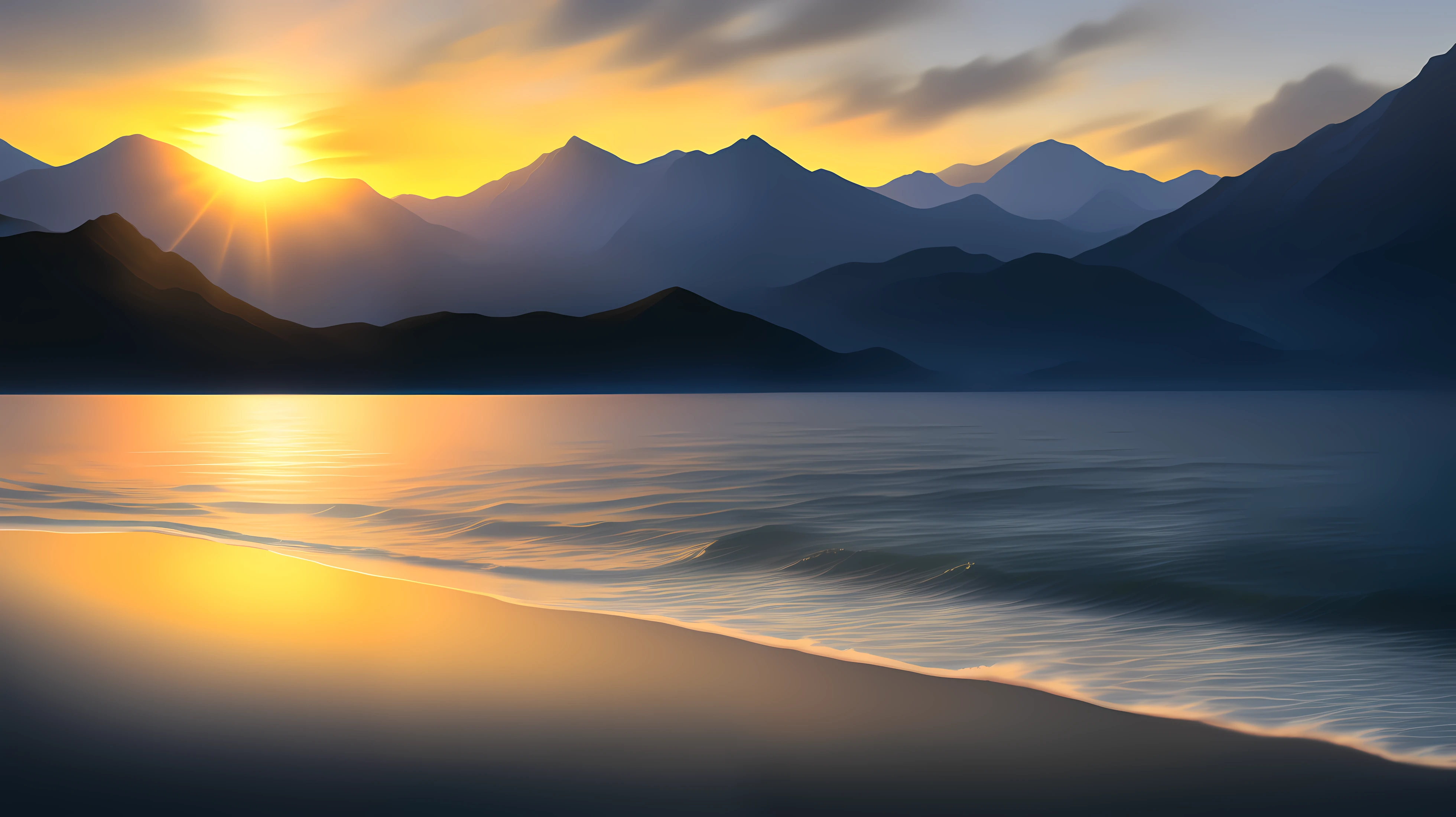 Artistic style, sun set betweens two mountain in to the sea, sun reflect in sea, night and day, ((masterpiece)), (((best quality))), ((ultra detail)), ((illustration)), ((realistic)), (reflections), sharp focus, front lighting, intense shadows,