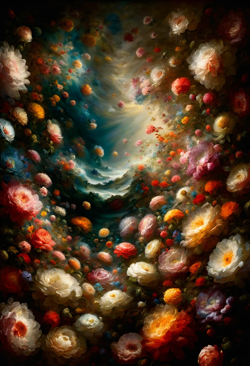 In a captivating fusion of modern aesthetics and Rembrandt's masterful touch, envision a surreal portrayal of "Sea of Flowers." This transcendent artwork blends the ethereal allure of contemporary art with the timeless strokes reminiscent of Rembrandt's genius. Within a dreamlike panorama, vivid petals cascade like waves, merging impressionistic fluidity with the meticulous detailing characteristic of Rembrandt's oeuvre. The interplay of light and shadow imparts a profound depth to each blossom, mirroring the chiaroscuro technique. As Rembrandt did with his subjects, this creation captures the essence of floral beauty in a manner that transcends temporal boundaries, resonating with the viewer's soul through an evocative dance of form and color.