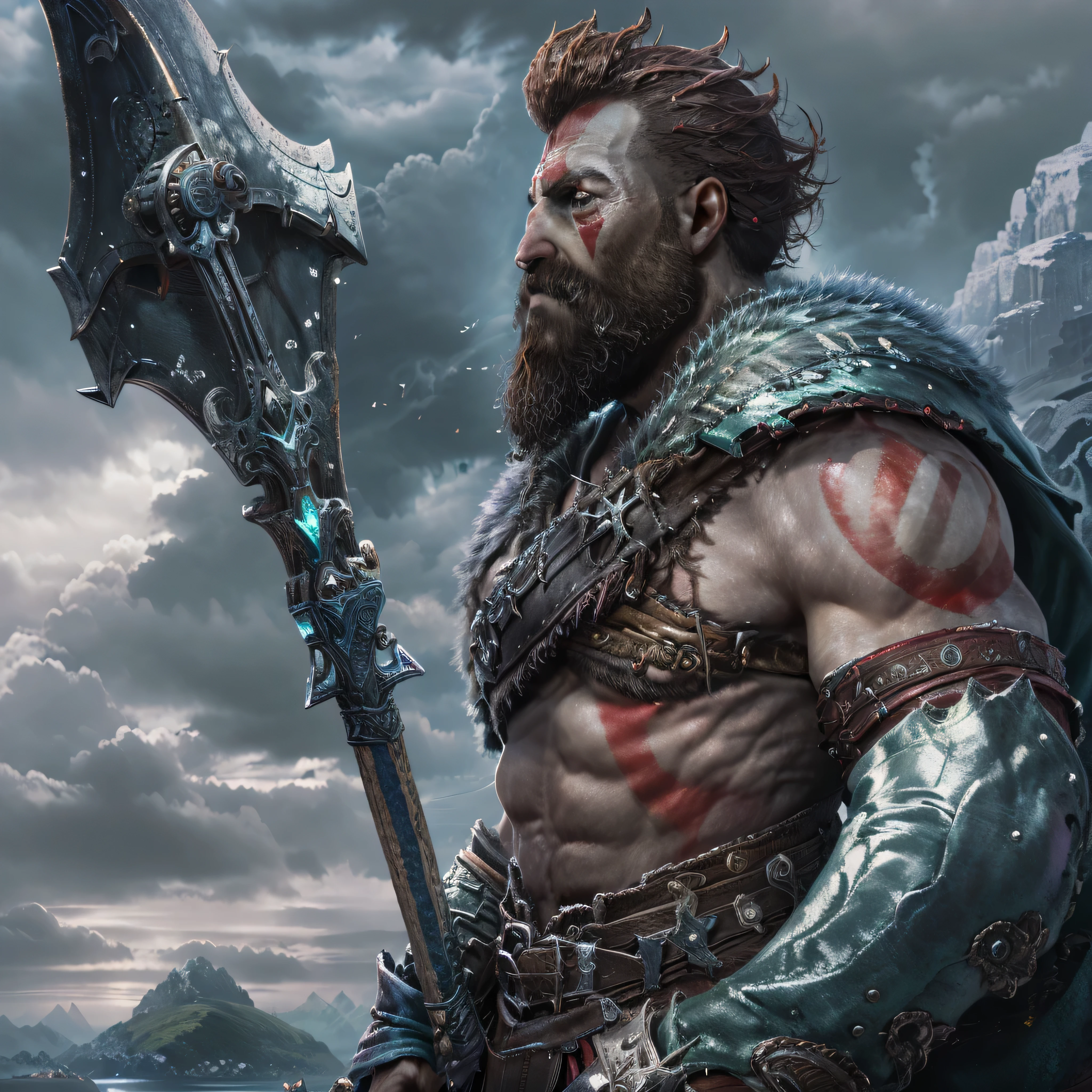 (masterpiece, best quality, detailed:1.2),  kratosGOW_soul3142, cold face, metal shorts, mountain, seascape, clouds, 1boy, scar, beard, realistic, bald, armor, Leviathan Axe, upper body shot