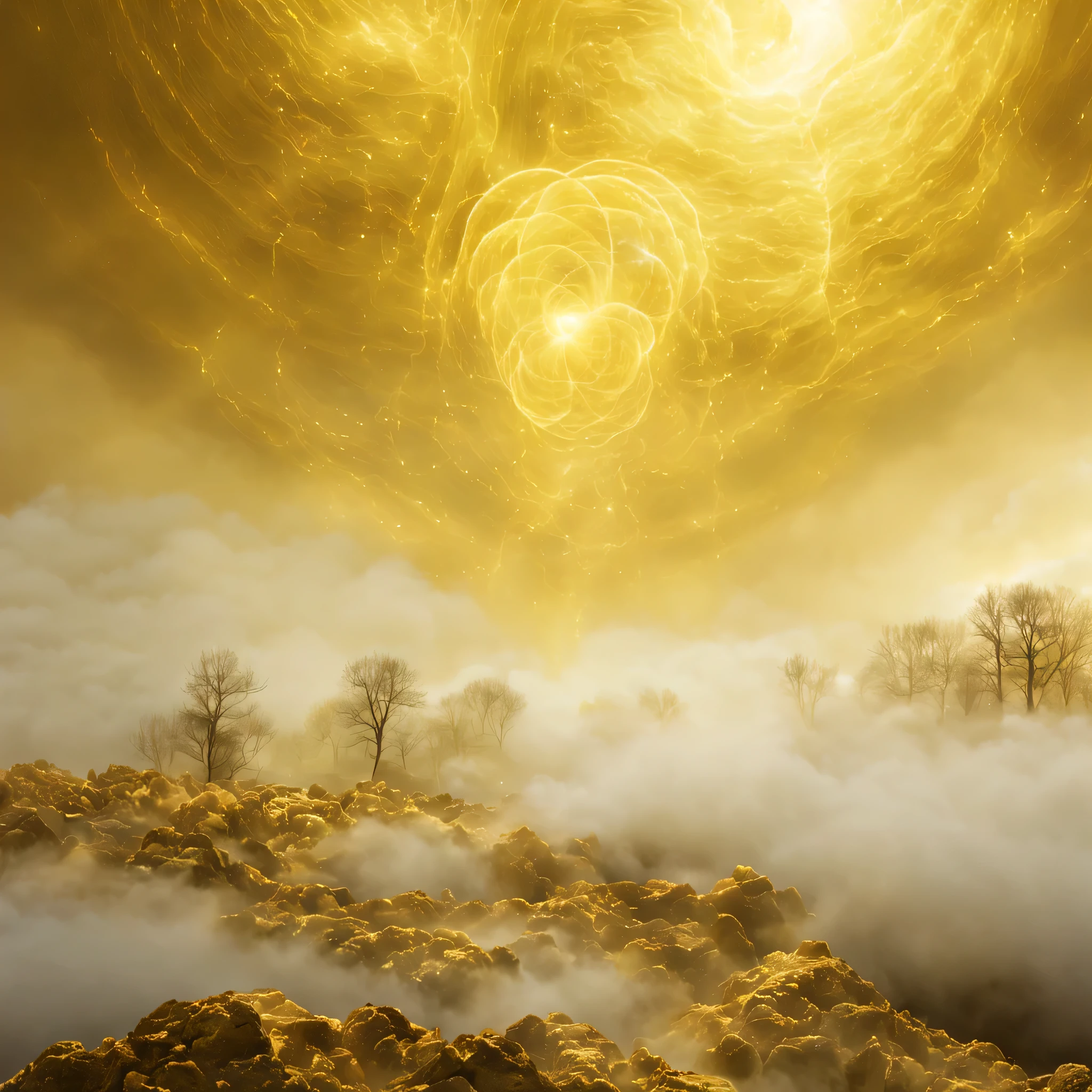 Das Bild zeigt eine Szene in einer surrealen, schwerelosen Welt, die mit goldenem Glanz durchdrungen ist. In der Mitte des Bildes schwebt eine Art kristalline Struktur, die von einem intensiven goldenen Licht umgeben ist. Die Struktur scheint organisch zu sein, with curved lines and smooth surfaces, die wie ein riesiger Kristall wirken.
Um die Hauptstruktur herum explodieren golden schimmernde Partikel, which spread out in all directions and fill the entire picture with a golden glow. Diese goldenen Explosionen scheinen eine eigene Dynamik zu haben, as if they were moving in space, umgeben von einem Hauch von Glitzer und Glanz.
im Hintergrund der Szene, White misty clouds merge with the golden light, was eine illusorische Tiefe erzeugt. The color white is discreetly integrated into the scenery, to create a contrast to the intense gold and enhance the surreal atmosphere.
Obwohl es keine weite Landschaft gibt, vermittelt das Bild den Eindruck unendlicher Weite, da die goldenen Strukturen und Explosionen scheinbar ins Unendliche reichen, ohne einen klaren Horizont zu haben. Die gesamte Szene strahlt eine Aura des Geheimnisvollen und Magischen aus, as if one were peering into another dimension or into the heart of a fascinating cosmic phenomenon.