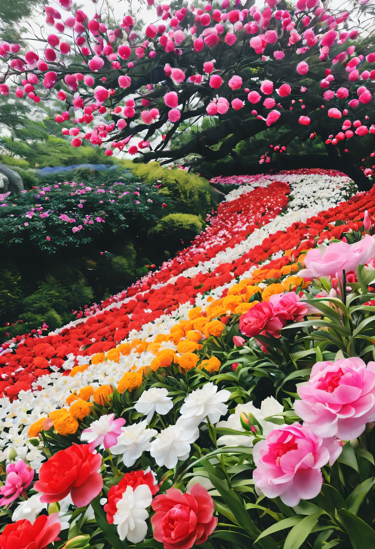 空中飞舞的flower瓣，漂浮的flower海，Red rose 、carnation、米红carnation 、tulip 、黄tulip、universe 、水仙flower、Wenzhu 、秋天的peony、白山茶flower、红山茶flower、gladiolus 、never forget myself、鸡冠flower 、daisy 、Phalaenopsis 、Kirin grass、lilac、梅flower、蓝铃flower、Swiftlet、Platycodon 、witch hazel、Jinqueer、桃flower、Dianthus 、Zinnia、white tea、margarita、橙flower、Cornflower、cold grass、杏flower 、Gloxinia 、杜鹃flower、栀子flower、flower、凤仙flower 、big lilac、李flower、樱flower 、peony、大丽flower 、aconite、金盏flower、pansy 、snapdragon 、flower菖蒲 、长春flower 、apple 、Tarzan wood，(漂浮的各种flower，悬浮的各种flower，飞舞的各种flower，流动的各种flower，no humans)，\(fantasy art\)，colorful style，high saturation，high contrast，(panoramic，imagine，super wide angle，flower海，flower的世界，flower田)