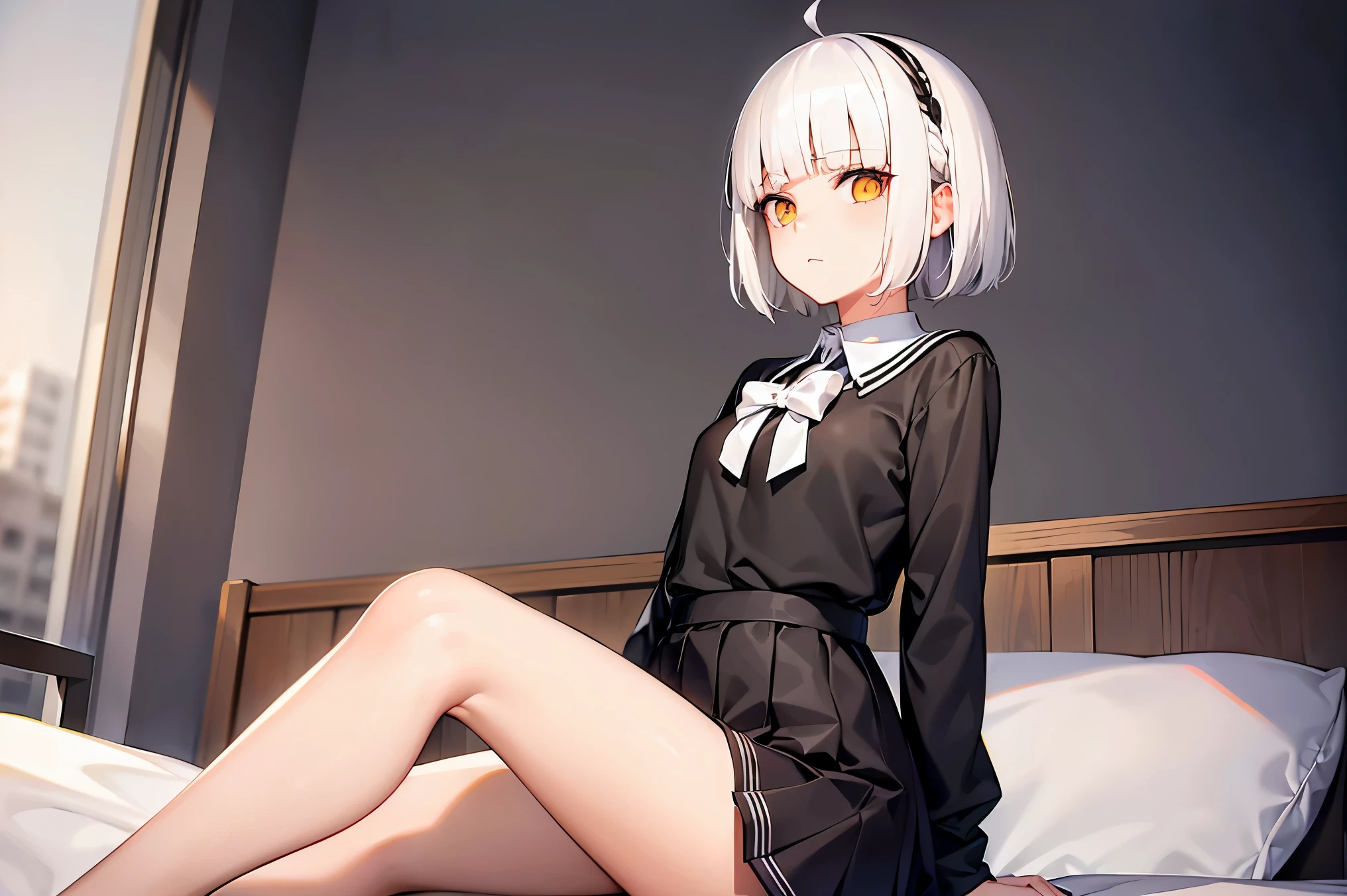 Cimematic vision, nigth, ((1girl)), (ta), ((((short white hair)))), (((blunt bangs))), yellow eyes, ((cabelo emaranhado)), ((((no expression)))), Sonolenta, ((ahoge)), ((black school uniform)), Red tie, desleixada, ((melhor qualidade)), ((obra de arte)), (detalhado), rosto perfeito, ((style novel)) (((sitting in bag in room))), ((hugging plush)), cores beautiful, ((((style anime Shikimori-san))))