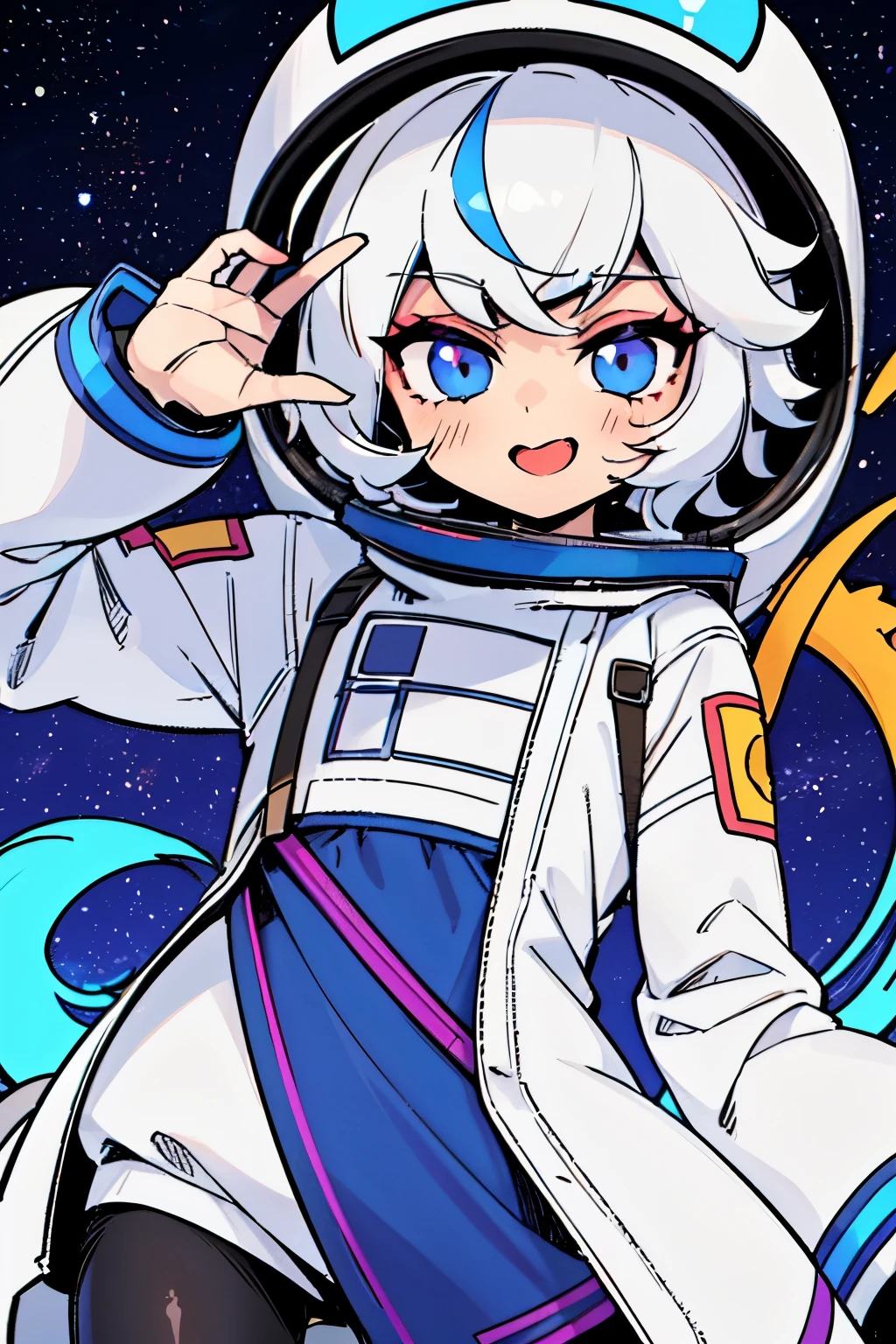 ((anime boy)), porter un costume d&#39;astronaute, Cheveux bleu fluo, et les couleurs roses, autocollants, neon style of l&#39;ensemble du plan, pose cool