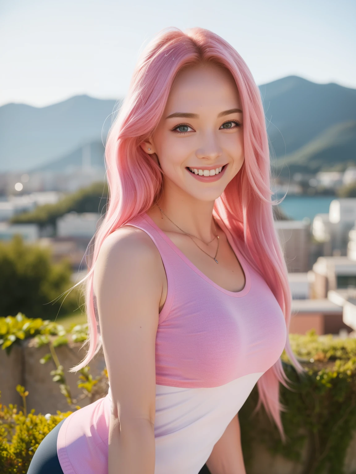 (8k, Best Quality, Masterpiece: 1.2), (Realistic, Realistic:1.37), Ultra Detailed, 1 Girl, Cute, Solo, Beautiful Detailed Sky, Dating, (Nose Red), (Smile: 1.15), (Shut Up) middium Breasts, Beautiful Delicate Eyes, (Long Pink Hair: 1.2), Flowing Hair NovaFrogStyle, Upper body, Vest, pink hair,gym workout, 24yeras old girl, background city area