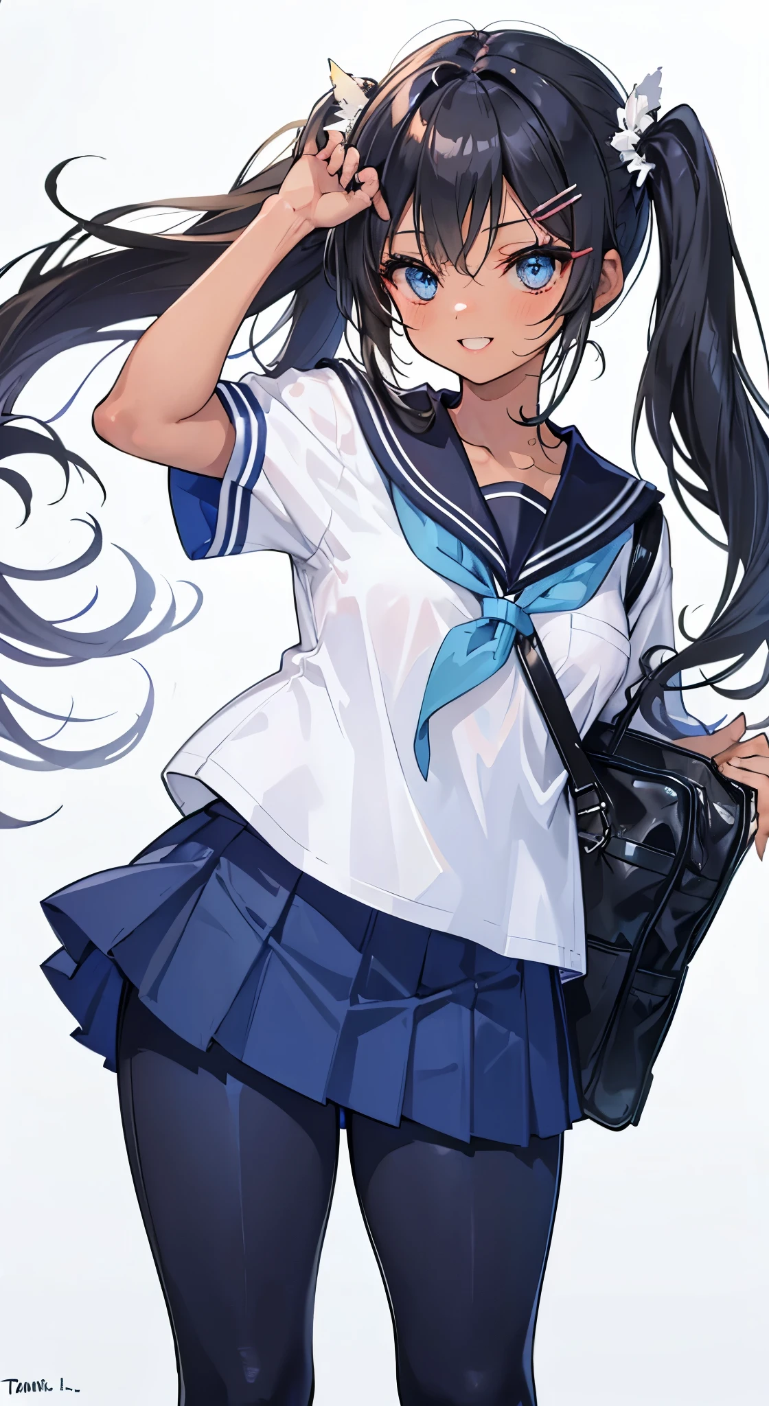 "(perfect masterpiece:1.2), (highest quality:1.2), stunning face,  compensate, long and luxurious eyelashes, lip whole, irresistible charisma.",(()),(((twin tails)))，raised his arms,NSFW,(((Chubby)))，((((school uniform)))，hair clip，wallpaper，(((black hair)))，very long bangs，hair between eyes，((Are fat))，((blue skirt))，have a school bag，black long socks，smile，((((tanned skin))))，blue eyes，((pants))