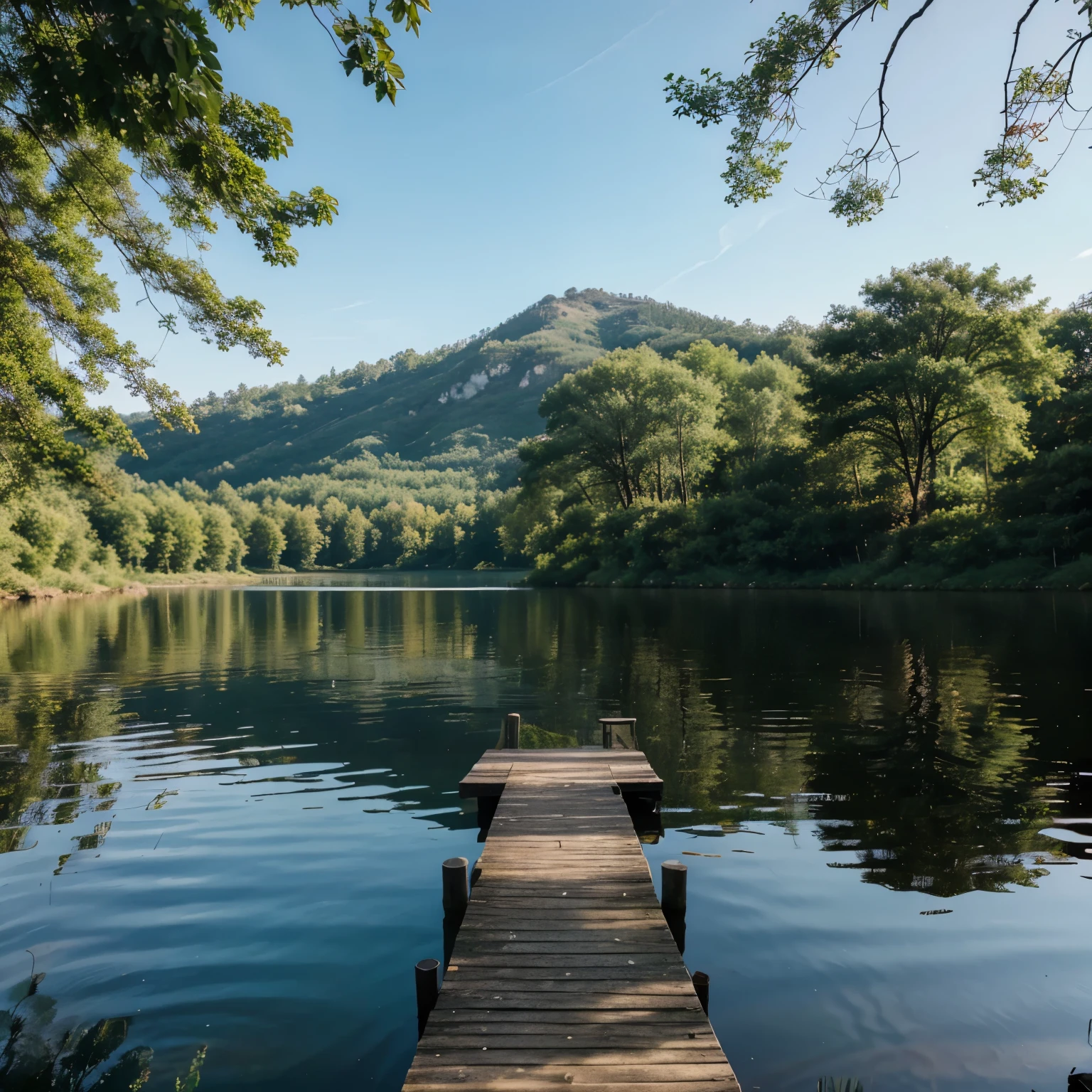 A scenery of a lake surrounded by trees and has a dock at the bottom middle