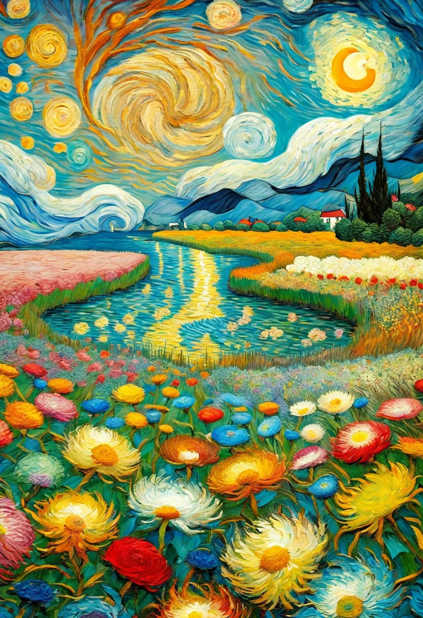 Imagine a modern masterpiece inspired by the theme "Sea of Flowers," crafted with the evocative strokes reminiscent of Vincent van Gogh's brilliance. This contemporary artwork weaves together the vividness of today's aesthetic with the passionate intensity of van Gogh's touch. Picture a mesmerizing field where blossoms explode in a kaleidoscope of color, embodying the emotional turbulence characteristic of van Gogh's artistry. The swirling patterns and dynamic textures create an immersive experience, invoking the spirit of van Gogh's expressive landscapes. In this fusion of past and present, the "Sea of Flowers" comes alive in a vibrant, pulsating display that pays homage to the timeless allure of nature's beauty.