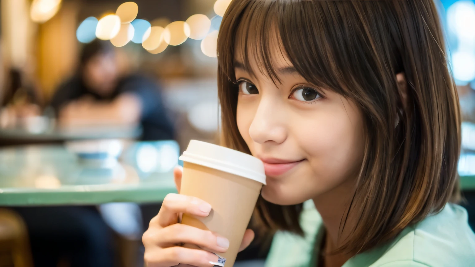 ((最high quality, 8k, masterpiece: 1.3)), perfect face,Inside a stylish cafe in New York、A scene in which a beautiful model-like woman with big breasts is drinking a latte and studying on a laptop.,everything around you, I see other customers enjoying themselves.。At the back of the cafe、Staff are busy working at the counter.、You can feel the vibrancy and warmth of a city cafe.., sharp focus, 1 girl, sexy 1.2, brown hair, With bangs, (layered short hair), (big: 1.5), fine eyes, Beautiful eyes with slit length, double eyelid, (cat face), (cute Face), cute Smile, (close your mouth), (cute), soft skin, show the whole body, surreal, Super detailed, high quality, (Beautiful female college student with short hair studying in a cafe), ((詳細な非常にcute女子大生), ((big胸 It can be seen even through clothes))