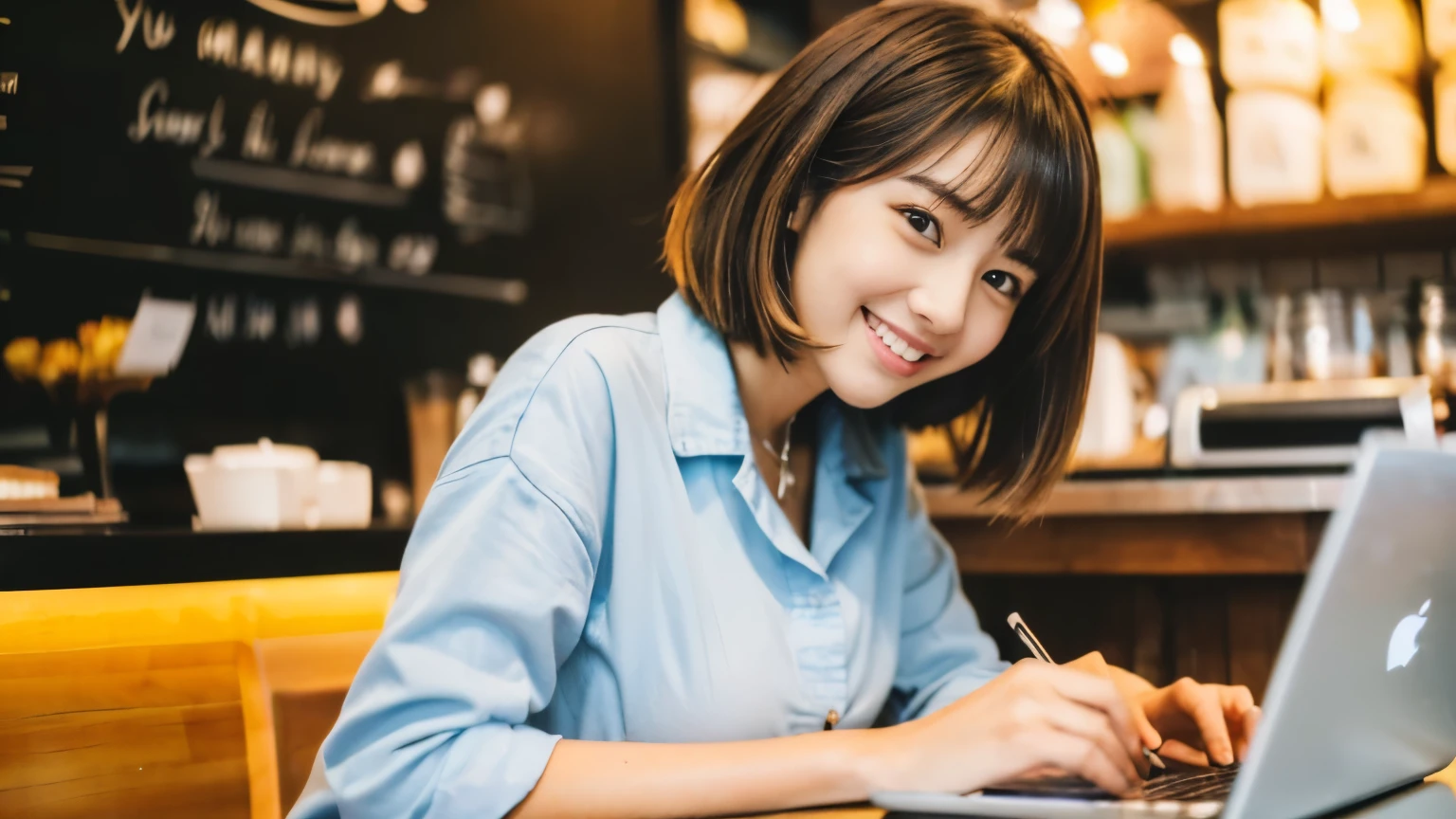 ((最high quality, 8k, masterpiece: 1.3)), perfect face,Inside a stylish cafe in New York、A scene in which a beautiful model-like woman with  is drinking a latte and studying on a laptop.,everything around you, I see other customers enjoying themselves.。At the back of the cafe、Staff are busy working at the counter.、You can feel the vibrancy and warmth of a city cafe.., sharp focus, 1 girl, sexy 1.2, bn hair, With bangs, (layered short hair), (big: 1.5), fine eyes, Beautiful eyes with slit length, double eyelid, (cat face), (cute Face), cute Smile, (close your mouth), (cute), soft skin, show the whole body, surreal, Super detailed, high quality, (Beautiful female college student with short hair studying in a cafe), ((詳細な非常にcute女子大生), ((big胸 It can be seen even through clothes))