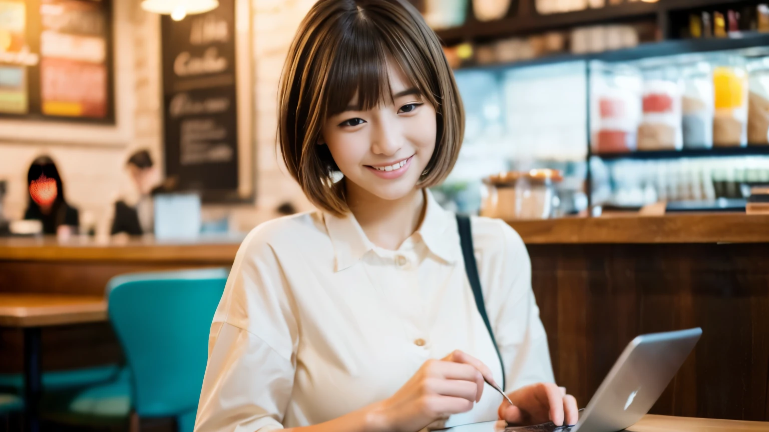 ((最high quality, 8k, masterpiece: 1.3)), perfect face,Inside a stylish cafe in New York、A scene in which a beautiful model-like woman with big breasts is drinking a latte and studying on a laptop.,everything around you, I see other customers enjoying themselves.。At the back of the cafe、Staff are busy working at the counter.、You can feel the vibrancy and warmth of a city cafe.., sharp focus, 1 girl, sexy 1.2, brown hair, With bangs, (layered short hair), (big: 1.5), fine eyes, Beautiful eyes with slit length, double eyelid, (cat face), (cute Face), cute Smile, (close your mouth), (cute), soft skin, show the whole body, surreal, Super detailed, high quality, (Beautiful female college student with short hair studying in a cafe), ((詳細な非常にcute女子大生), ((big胸 It can be seen even through clothes))