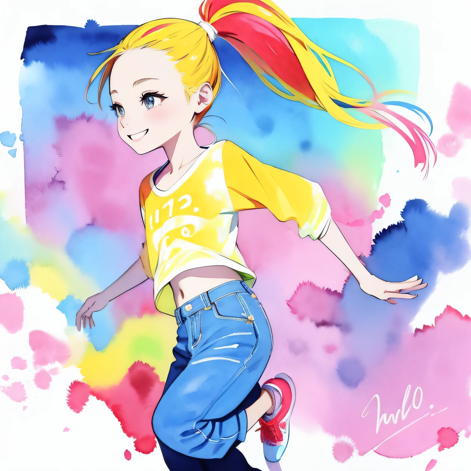 jump、colorful、headphones、watercolor、ponytail、smile、、mini skirt、pants