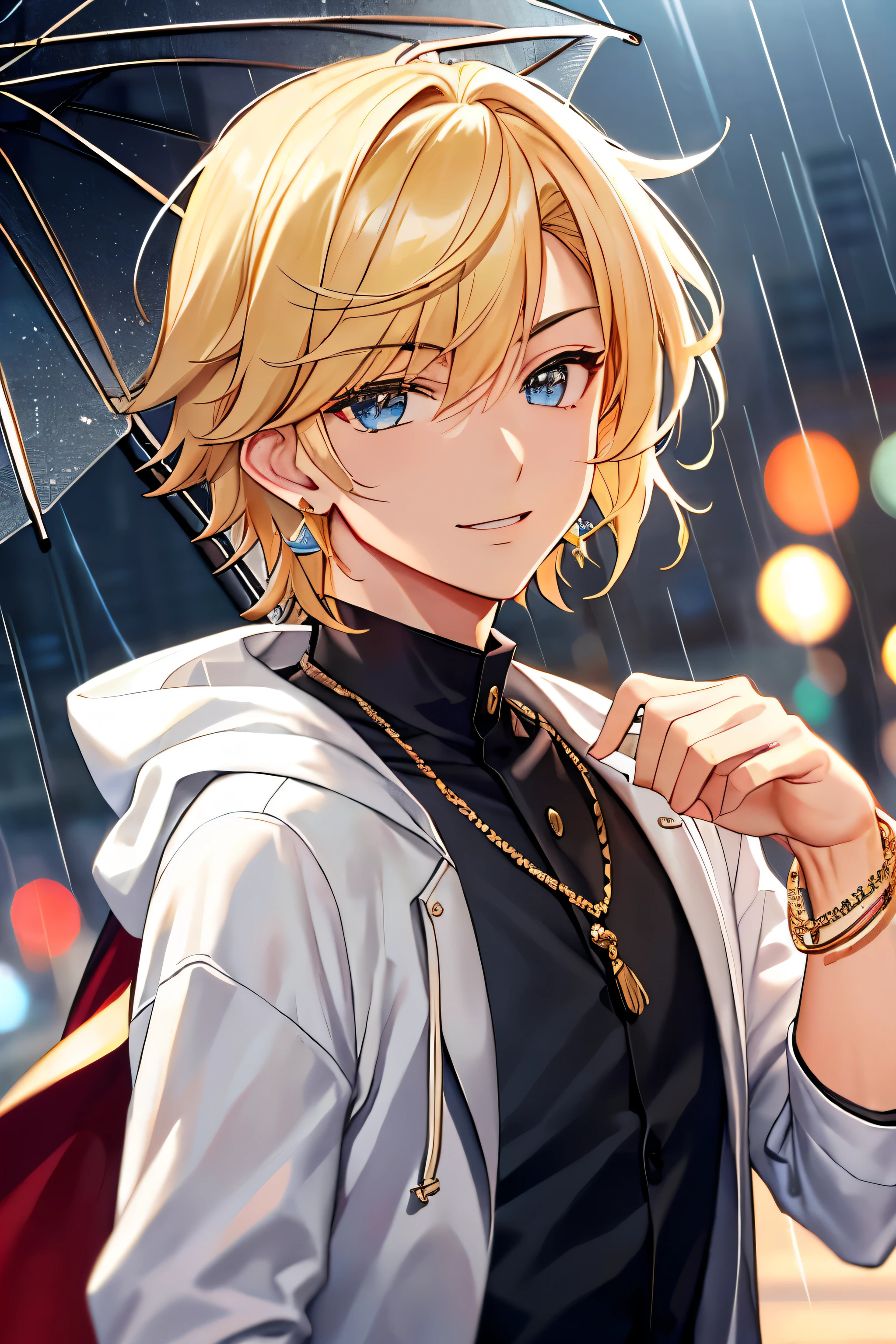 Best quality, More details, Mastery, 1boy , Male focus, Solo, bangs, view the viewer, Hood, Short hair, rain, tokyo tokyo \(tmasterpiece,Best quality at best,1 boy ,Golden hair,obstinate and unruly,Cowherd style,There are a lot of earrings,rays of sunshine,flirty,Bracelet,Dress stylishly\),Smile,facial closeups