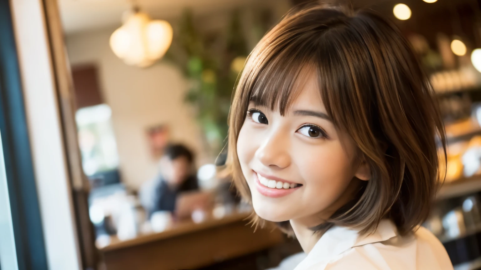 ((最high quality, 8k, masterpiece: 1.3)), perfect face,Inside a stylish cafe in New York、A scene in which a beautiful model-like woman with big breasts is drinking a latte and studying on a laptop.,everything around you, I see other customers enjoying themselves.。At the back of the cafe、Staff are busy working at the counter.、You can feel the vibrancy and warmth of a city cafe.., sharp focus, 1 girl, sexy 1.2, brown hair, With bangs, (layered short hair), (big: 1.5), fine eyes, Beautiful eyes with slit length, double eyelid, (cat face), (cute Face), cute Smile, (close your mouth), (cute), soft skin, show the whole body, surreal, Super detailed, high quality, (Beautiful female college student with short hair studying in a cafe), ((詳細な非常にcute女子大生), ((big胸 It can be seen even through clothes))