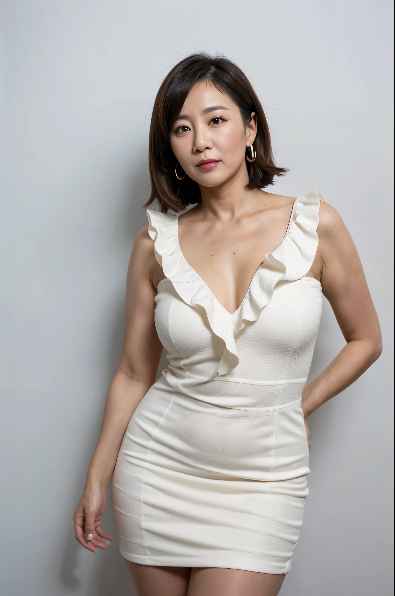 (top quality,masterpiece,ultra-detailed,photo realistic,UHD:1.2),(Textured skin),ruffle dress,(anatomically correct:1.2),white background,(Glossy lips:1.2),(Curvy Body:1.2),((One girl)) ,Japanese mature woman,50 years old,Whipped thighs
