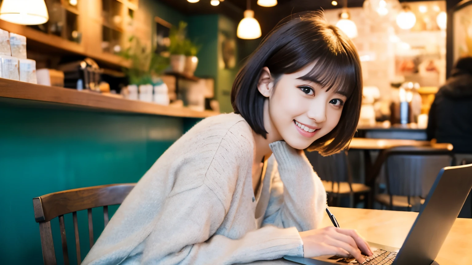 ((最high quality, 8k, masterpiece: 1.3)), perfect face,Inside a stylish cafe in New York、A scene in which a beautiful model-like woman with big breasts is drinking a latte and studying on a laptop.,everything around you, I see other customers enjoying themselves.。At the back of the cafe、Staff are busy working at the counter.、You can feel the vibrancy and warmth of a city cafe.., sharp focus, 1 girl, sexy 1.2, brown hair, With bangs, (layered short hair), (big: 1.5), fine eyes, Beautiful eyes with slit length, double eyelid, (cat face), (cute Face), cute Smile, (close your mouth), (cute), soft skin, show the whole body, surreal, Super detailed, high quality, (Beautiful female college student with short hair studying in a cafe), ((詳細な非常にcute女子大生), ((big胸 It can be seen even through clothes))