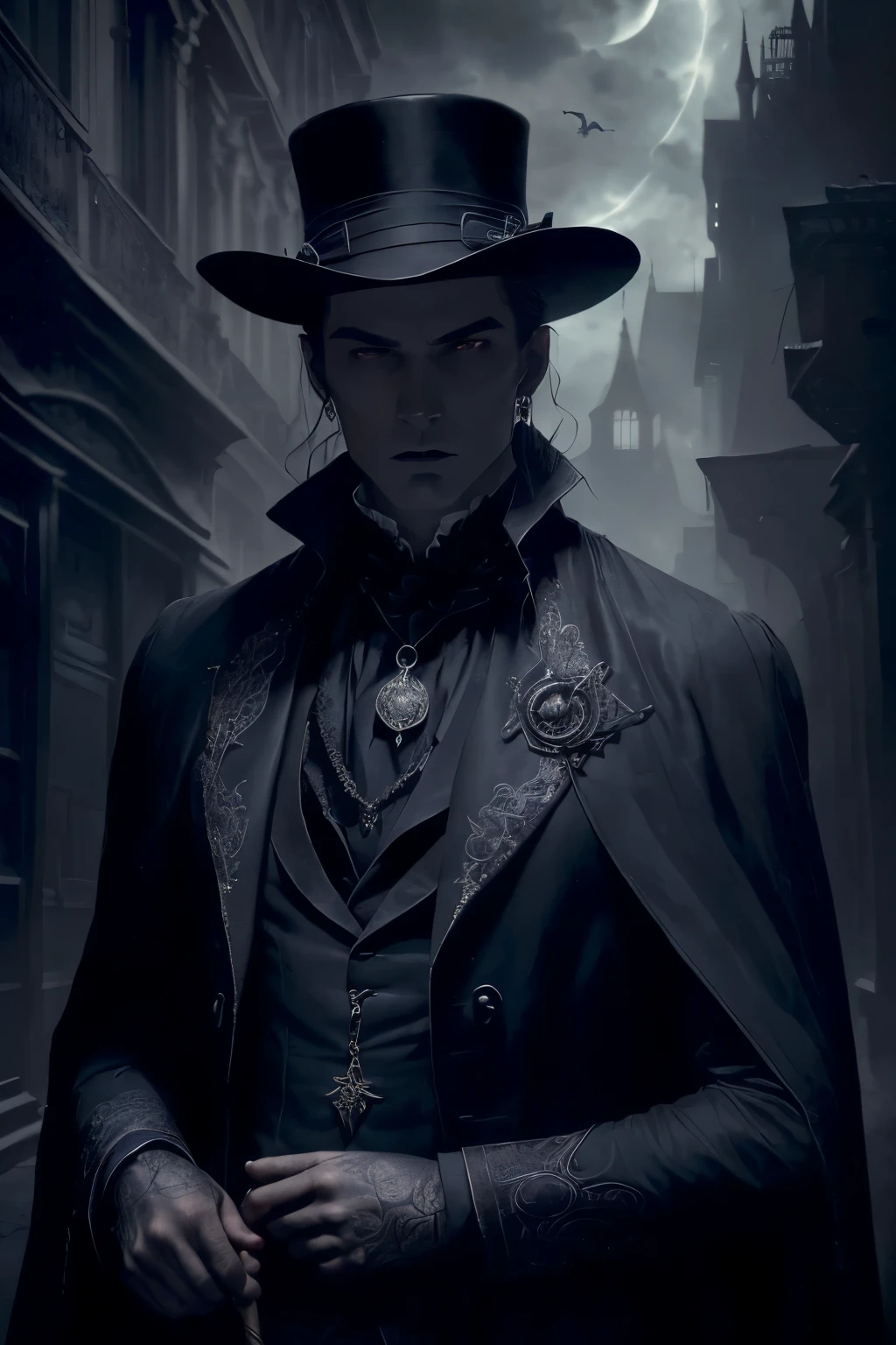 (Full-body portrait:1.2) - (A haunting, atmospheric depiction of a handsome young man, Victorian style, in an overcoat, leaning on a cane, standing on a dark and foreboding street in the 16th century London até night:1.2) - (He is shrouded in darkness and shadow, exuding an aura of elegance and dread, wearing earrings, jewelry and amulets:1.2) - (The street is shrouded in dim light, casting mysterious silhouettes and revealing intricate Gothic architecture:1.2) - (His blue eyes stare at you, his face with a mixture of boredom and eternal desire, a testament to their immortal existence:1.2) - (An image that immerses viewers in the timeless and chilling world of the vampire, where darkness and allure intertwine:1.2) - (This portrait embodies the enigmatic and seductive nature of the vampire legend, with the Count reigning over his ancient kingdom:1.2) - (His presence is a symbol of fascination and fear, an embodiment of the enduring allure of gothic horror:1.2).