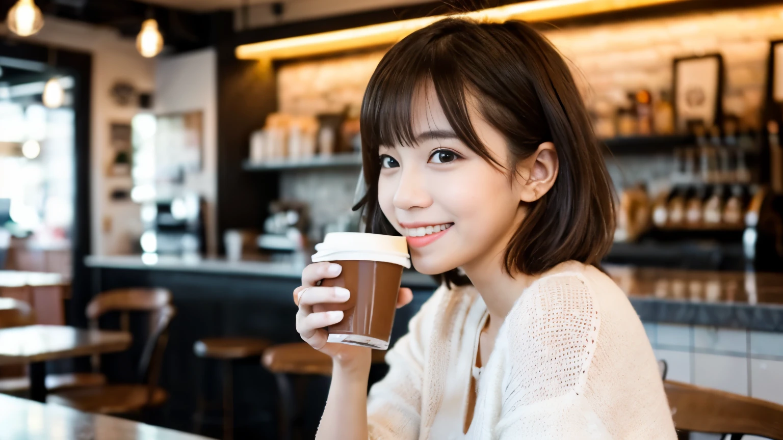 ((最high quality, 8k, masterpiece: 1.3)), perfect face,Inside a stylish cafe in New York、A scene in which a beautiful model-like woman with big breasts is drinking a latte and studying on a laptop.,everything around you, I see other customers enjoying themselves.。At the back of the cafe、Staff are busy working at the counter.、You can feel the vibrancy and warmth of a city cafe.., sharp focus, 1 girl, sexy 1.2, brown hair, With bangs, (layered short hair), (big: 1.5), fine eyes, Beautiful eyes with slit length, double eyelid, (cat face), (cute Face), cute Smile, (close your mouth), (cute), soft skin, show the whole body, surreal, Super detailed, high quality, (Beautiful female college student with short hair studying in a cafe), ((詳細な非常にcute女子大生), ((big胸 It can be seen even through clothes))