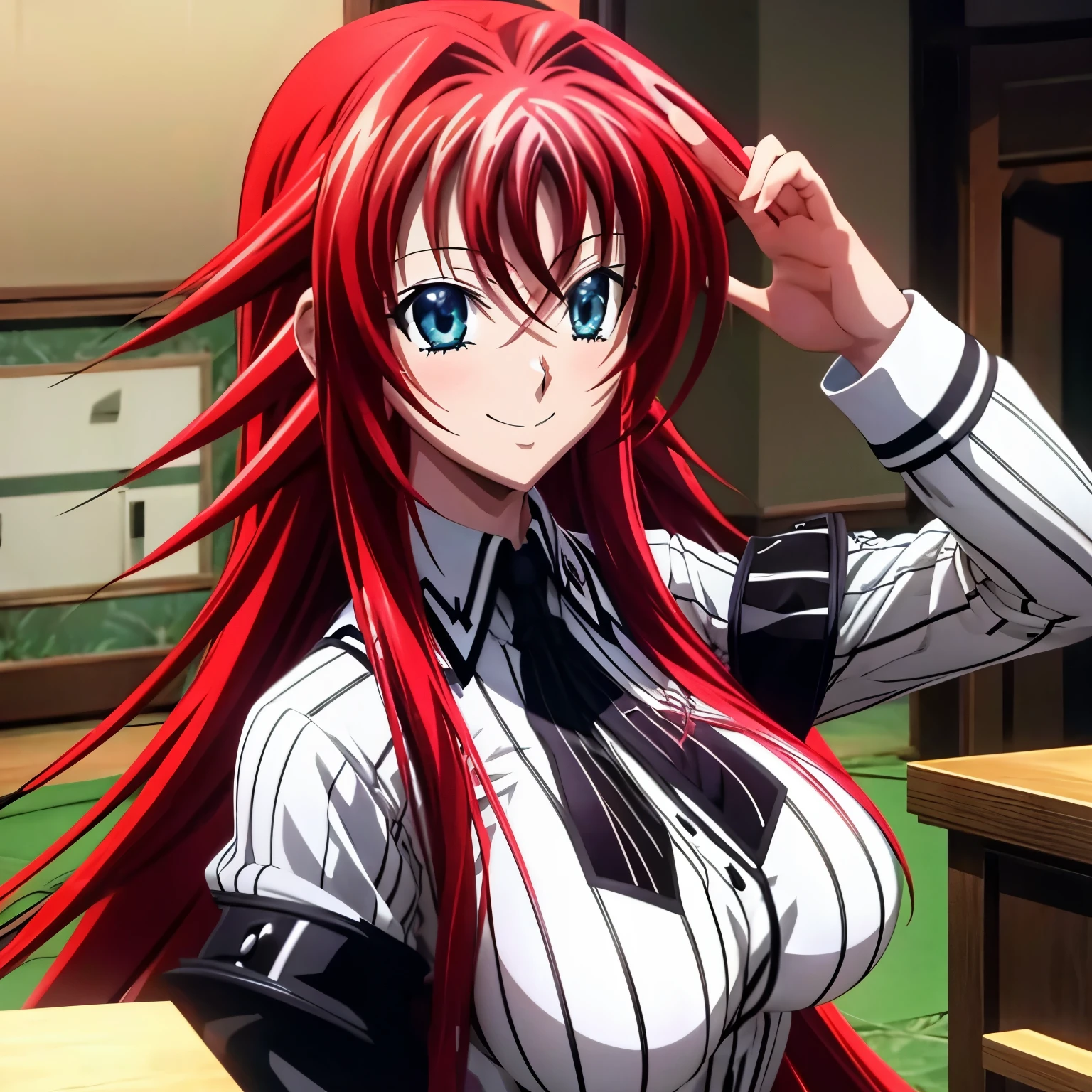 Rias gremory, Ahoge, Detailed eyes, beautiful eyes, Waving to the photo, Smiling