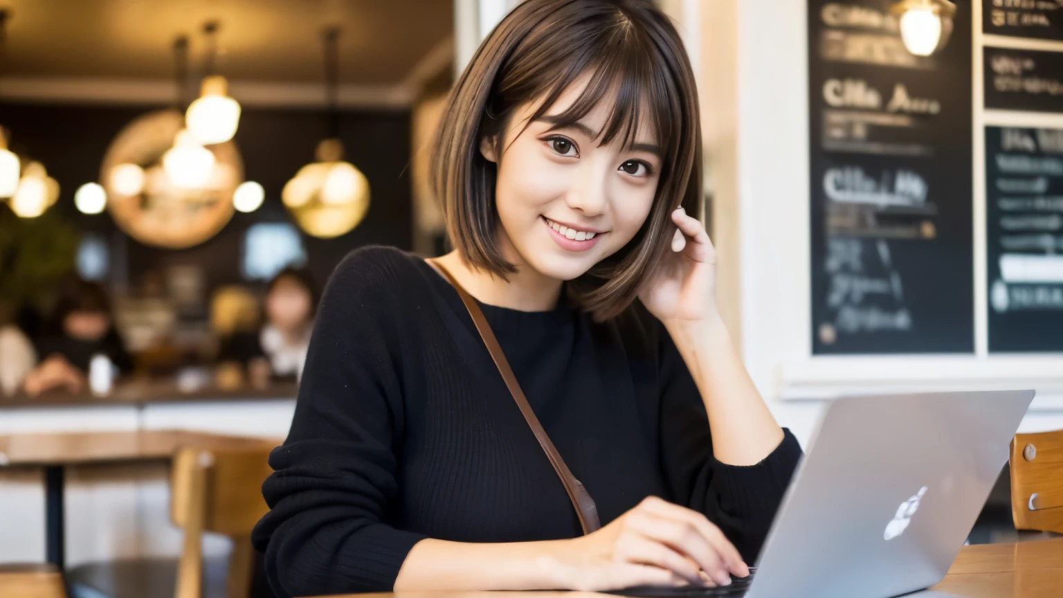((最high quality, 8k, masterpiece: 1.3)), perfect face,Inside a stylish cafe in New York、A scene in which a beautiful model-like woman with big breasts is drinking a latte and studying on a laptop.,everything around you, I see other customers enjoying themselves.。At the back of the cafe、Staff are busy working at the counter.、You can feel the vibrancy and warmth of a city cafe.., sharp focus, 1 girl, sexy 1.2, brown hair, With bangs, (layered short hair), (big: 1.5), fine eyes, Beautiful eyes with slit length, double eyelid, (cat face), (cute Face), cute Smile, (close your mouth), (cute), soft skin, show the whole body, surreal, Super detailed, high quality, (Beautiful female college student with short hair studying in a cafe), ((詳細な非常にcute女子大生), ((big胸 It can be seen even through clothes))