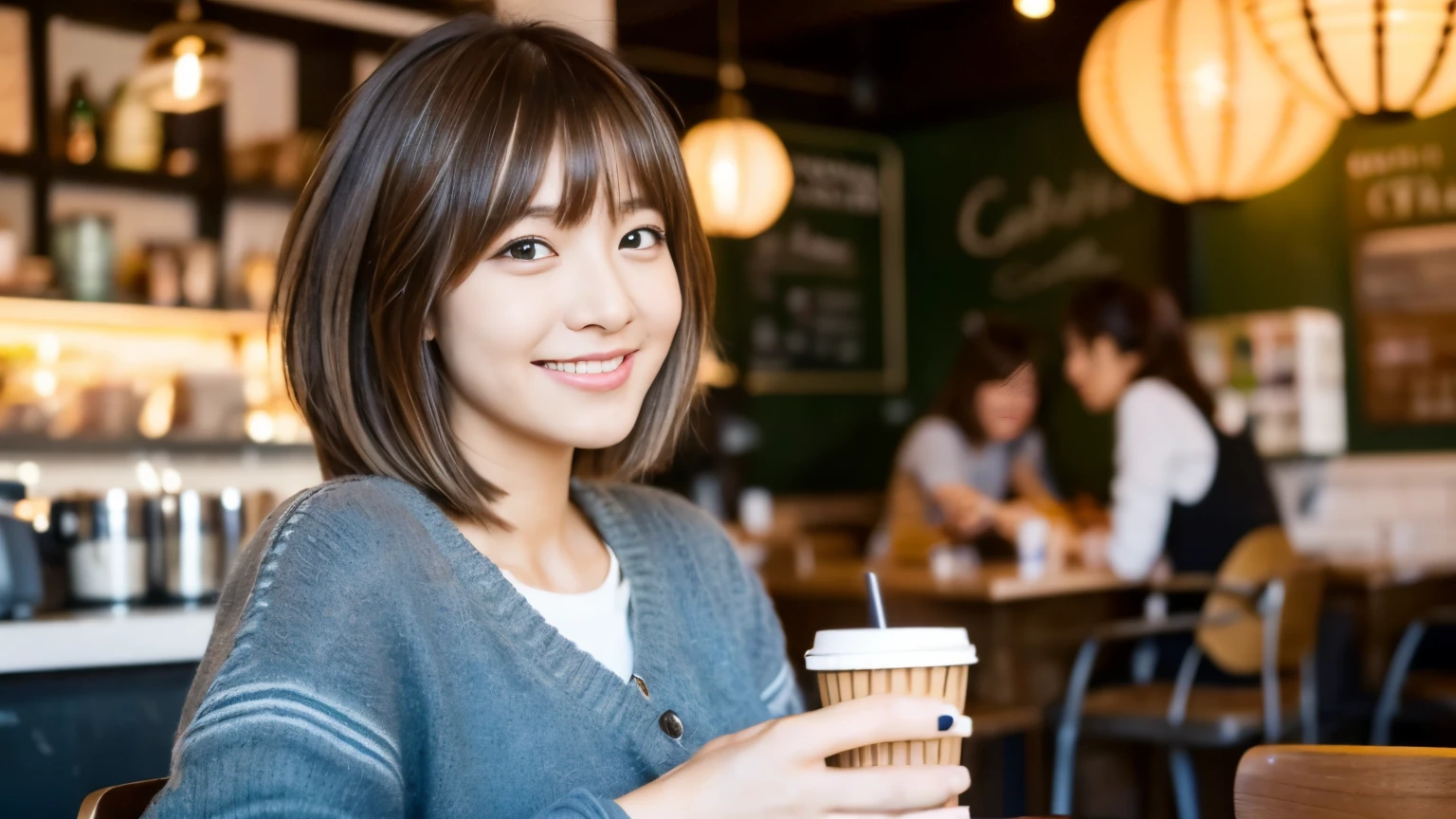 ((最high quality, 8k, masterpiece: 1.3)), perfect face,Inside a stylish cafe in New York、A scene in which a beautiful model-like woman with big breasts is drinking a latte and studying on a laptop.,everything around you, I see other customers enjoying themselves.。At the back of the cafe、Staff are busy working at the counter.、You can feel the vibrancy and warmth of a city cafe.., sharp focus, 1 girl, sexy 1.2, brown hair, With bangs, (layered short hair), (big: 1.5), fine eyes, Beautiful eyes with slit length, double eyelid, (cat face), (cute Face), cute Smile, (close your mouth), (cute), soft skin, show the whole body, surreal, Super detailed, high quality, (Beautiful female college student with short hair studying in a cafe), ((詳細な非常にcute女子大生), ((big胸 It can be seen even through clothes))