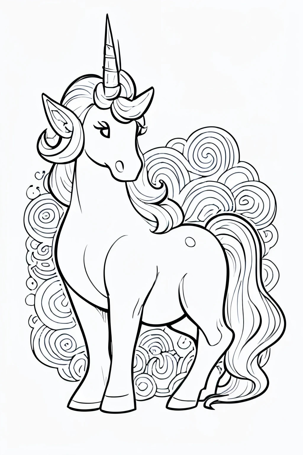 ((Black and White Illustration)), ((Cartoonish Style)), ((Coloring Book Page)), ((Designed for 5-Year-Olds)), ((Bold and Thick Outlines)), ((No Shading)), ((Simple Plain Background)), ((Minimal Detail)), ((Featuring One Adorable Unicorn))