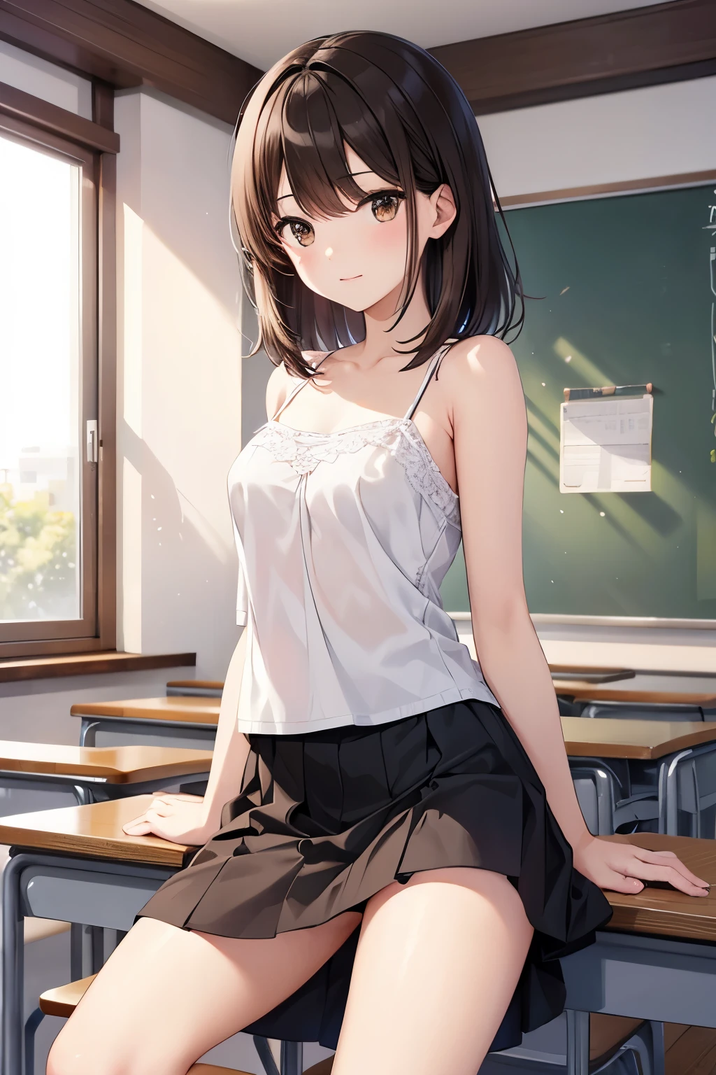 best quality, highres,Slender、brown eyes、tall、brown hair、shortcut,straight hair、School、classroom、black skirt BREAK、white lace camisole、
