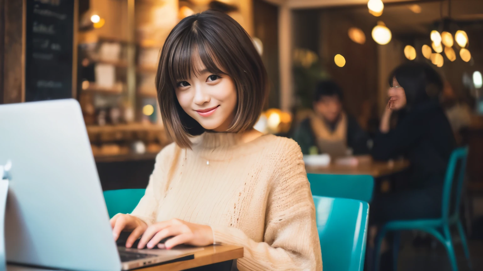 ((最high quality, 8k, masterpiece: 1.3)), perfect face,Inside a stylish cafe in New York、A scene in which a beautiful model-like woman with big breasts is drinking a latte and studying on a laptop.,everything around you, I can see other customers enjoying themselves too..。At the back of the cafe、Staff are busy working at the counter.、Feel the vibrancy and warmth of a city cafe.., sharp focus, 1 girl, sexy 1.2, brown hair, With bangs, (layered short hair), (big: 1.5), fine eyes, Beautiful eyes with long slits, double eyelid, (cat face), (cute Face), cute Smile, (close your mouth), (cute), soft skin, show the whole body, surreal, Super detailed, high quality, (Beautiful female college student with short hair studying in a cafe), ((詳細な非常にcute女子大生), ((big胸 It can be seen even through clothes)),Gaze at your boyfriend