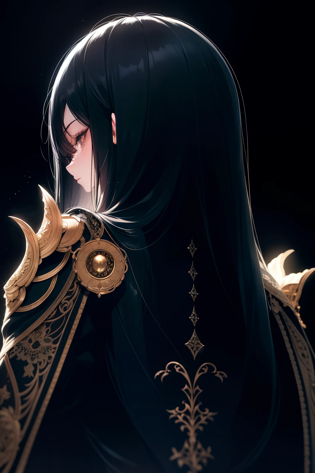 particles of light, soft lighting, volume lighting, intricate details, finely,

1 girl, alone,

black hair, long hair, ,Straight money, long eyelashes, thick eyelashes, looking at the viewer,
 

black background, simple background, from behind,


