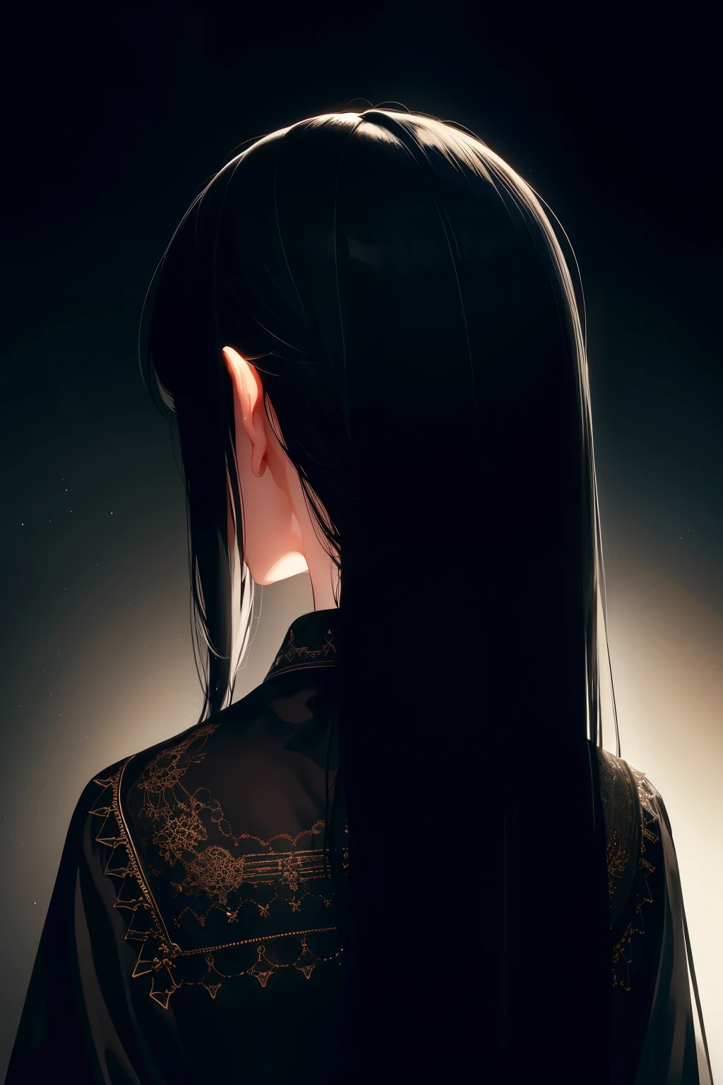 particles of light, soft lighting, volume lighting, intricate details, finely,

1 girl, alone,

black hair, long hair, ,Straight money, long eyelashes, thick eyelashes, looking at the viewer,
 

black background, simple background, from behind,

