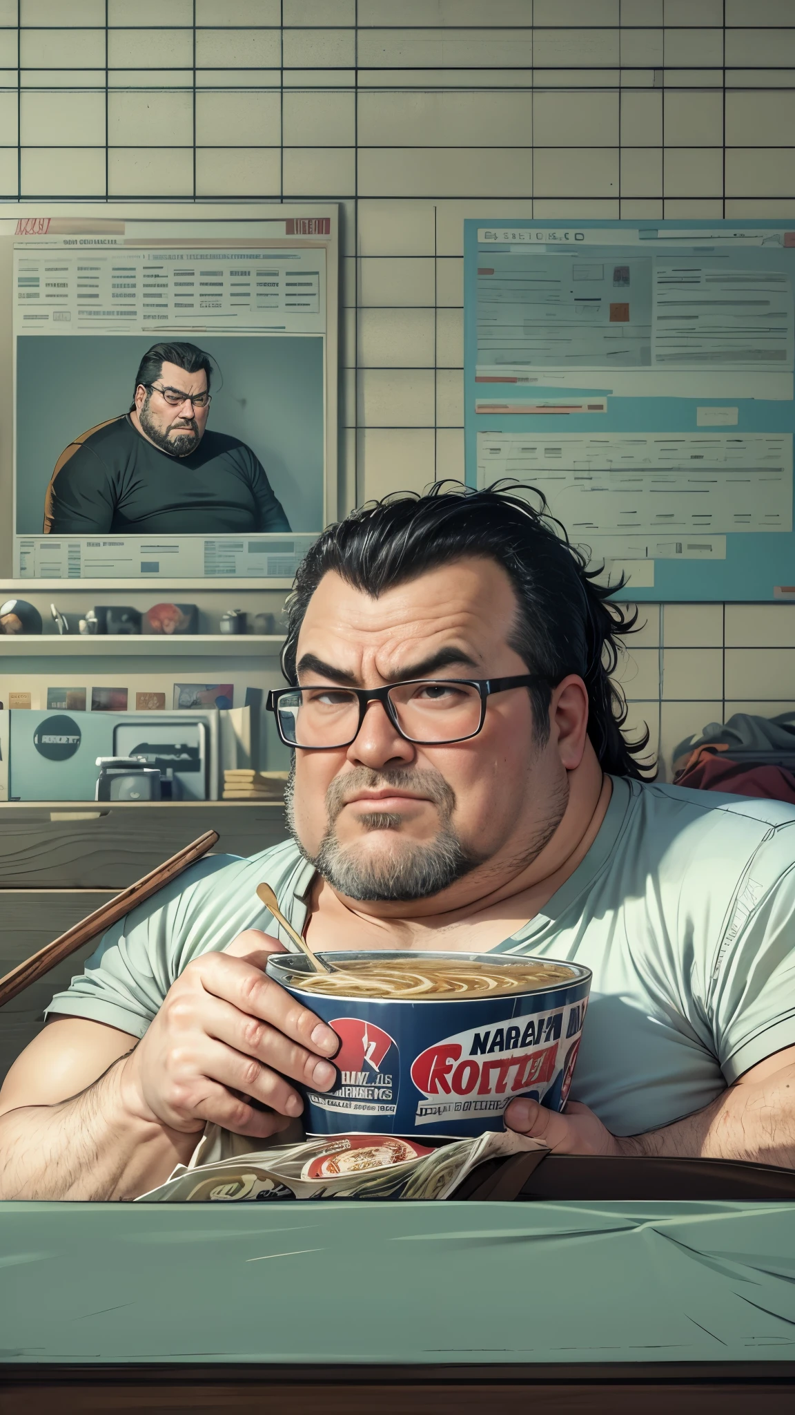 ((HD photo)), Hyper realistic, hires:1.4, 8k, a fat man / Steven seagal / 40 years old, sitting, holding ramen bowl, badly fitting t shirt, overweight messy hair, nerd glasses, leering, greasy, stained jeans, dark bedroom, posters, game console, pc, dakimura, poorly lit, incel, anime nerd, neckbeard, dirty walls,