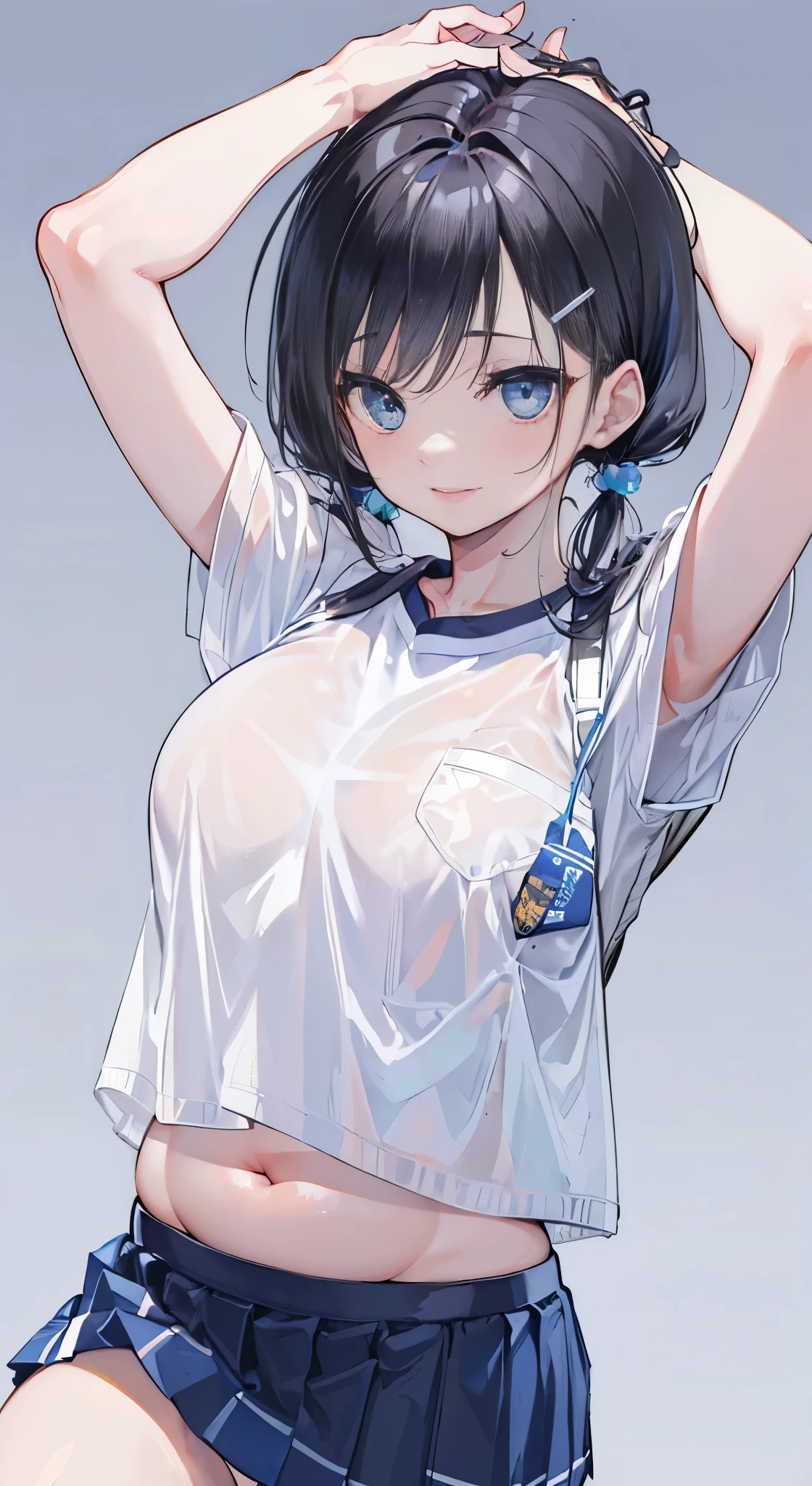 "(perfect masterpiece:1.2), (highest quality:1.2), stunning face, compensate, long and luxurious eyelashes, lip whole, irresistible charisma.",(()),(((twin tails))),raised his arms,NSFW,(((Chubby))),((((school uniform))),hair clip,wallpaper,(((black hair))),very long bangs,hair between eyes,((Are fat)),((blue skirt)),have a school bag,black long socks,smile,((((tanned skin)))),blue eyes,((panties))
