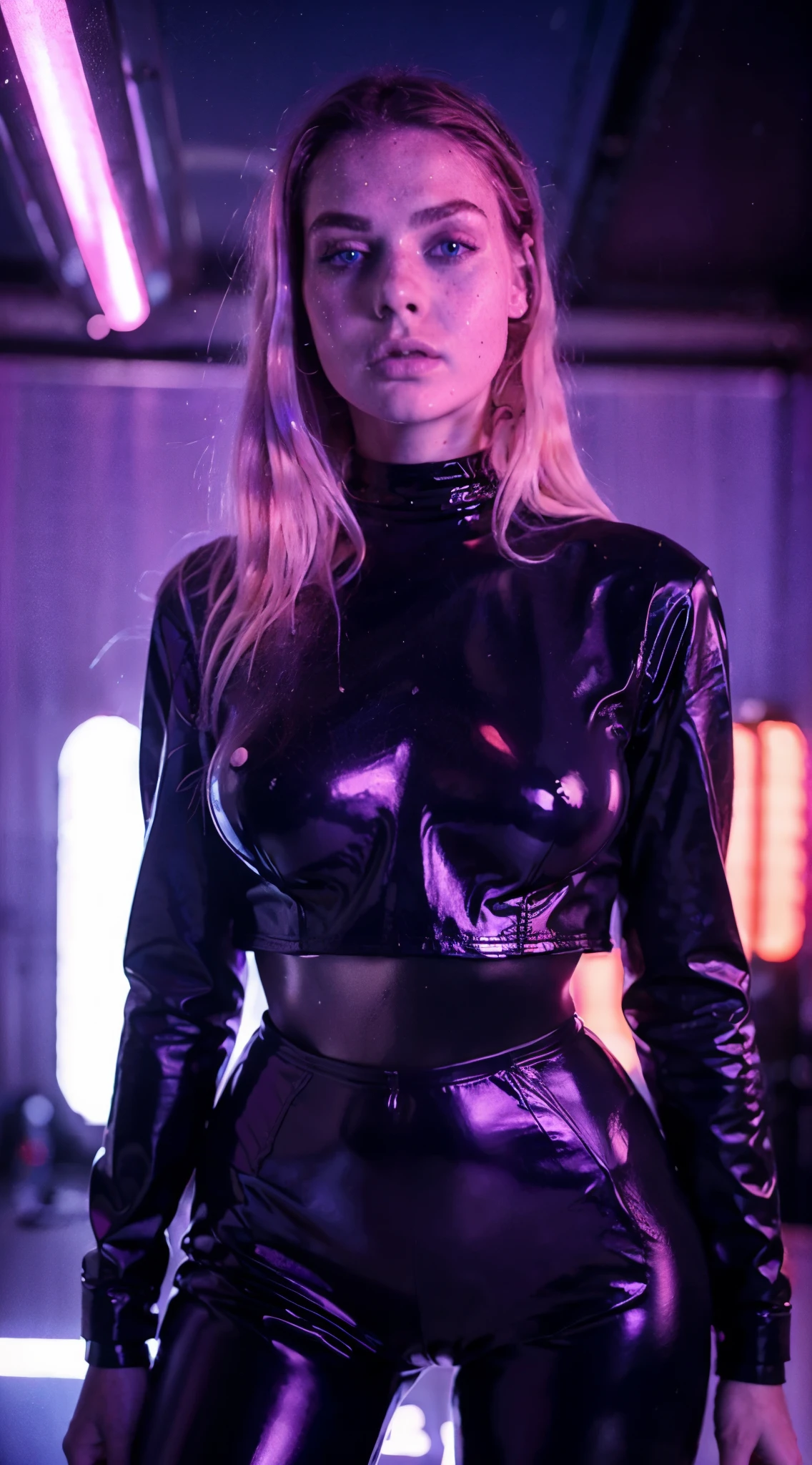 close-up selfie, 25 year old girl, one girl, ultra realistic, (lilac pastel colored hair:1,7), Kodak look, 165cm tall, low contrast, filmgrain, wearing tight covering black latex suit, full latex suit, mysterious domina, neon lighting, in nightclub, fluorescent lighting, low angle, high cheek bones, big dark blue eyes, shoulder long hair, (freckles on face:1.4), slim waist, safe for work, dark neon lighting
