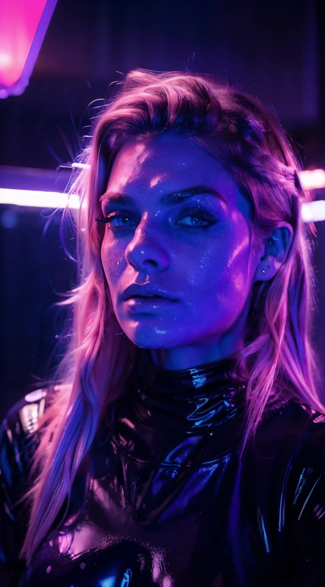 close-up selfie, 25 year old girl, one girl, ultra realistic, (lilac pastel colored hair:1,7), Kodak look, 165cm tall, low contrast, filmgrain, wearing tight covering black latex suit, full latex suit, mysterious domina, neon lighting, in nightclub, fluorescent lighting, low angle, high cheek bones, big dark blue eyes, shoulder long hair, (freckles on face:1.4), slim waist, safe for work, dark neon lighting
