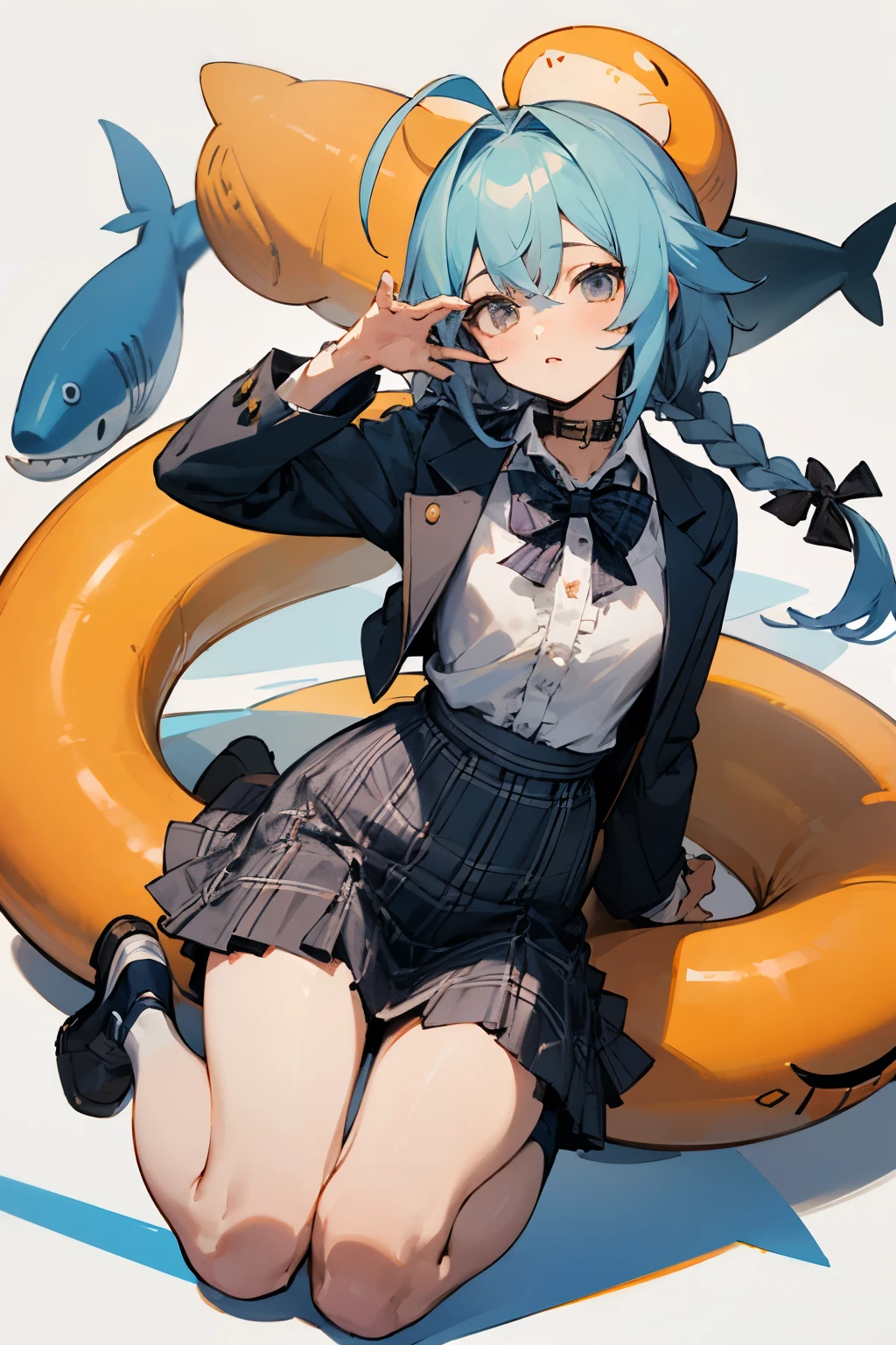 high resolution 1 girl ahoge bobby_pin bow bowtie braid brpropio_ojos collared_camisa dojikko_pose con volantes_camisa frilled_camisa_junta libre de collar_skirt frills cabello_bow cabello_ornament cabellopin hand_en_propio_shark head shark_cabello_adorno capucha con capucha_jacket jacket leng_cabello ene_ojo_pentagrama cerrado blanco_cabello plaid plaid_lazo a cuadros_falda plisada_skirt camisa shoelaces shoes black simple_Bottom of foot skirt single Shrimp_(Symbol) mellizo_Pelo corto wariza blanco_fondo blanco_muslos, cuerpo completo