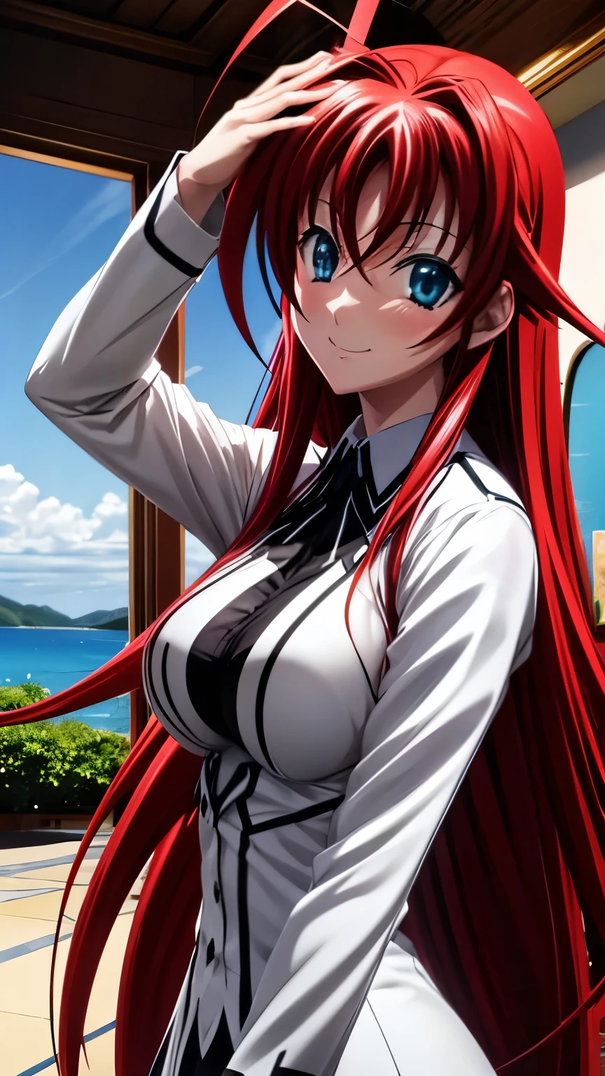 Rias gremory, Ahoge, Detailed eyes, beautiful eyes, Waving to the photo, Smiling, High Quality