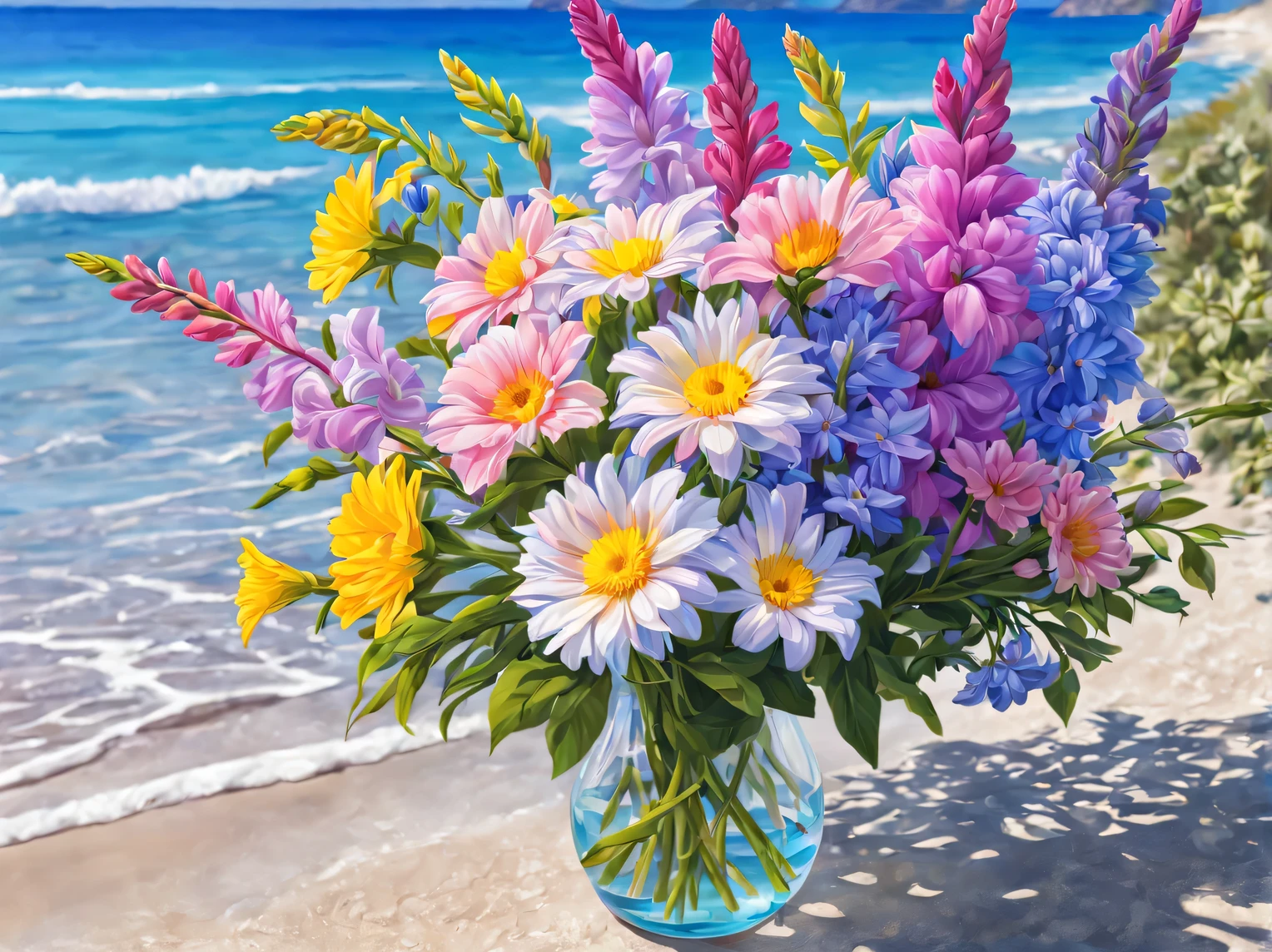 sea, Sun, beach, flowers, flowers in the water, flowers on the shore, flowers on trees and palm trees, flowers in the sky, flowers in the Sun, flowers in a glass, roses, gladioli, Asters, Dahlias, wisteria, daisies, More and more, more than a lot, a lot is good, a lot is beautiful, life is flowers, A high resolution, clear contours, hyperdelicate, Hyperrealistic, hypercarsive, hyper-masterpiece, hypercolor, hyperfiligree