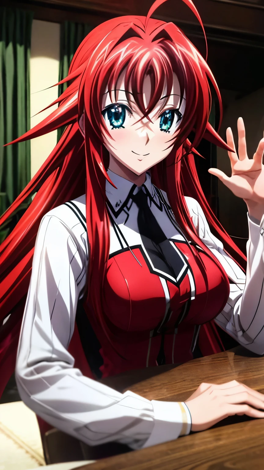 Rias gremory, Ahoge, Detailed eyes, beautiful eyes, Waving to the photo, Smiling, High Quality