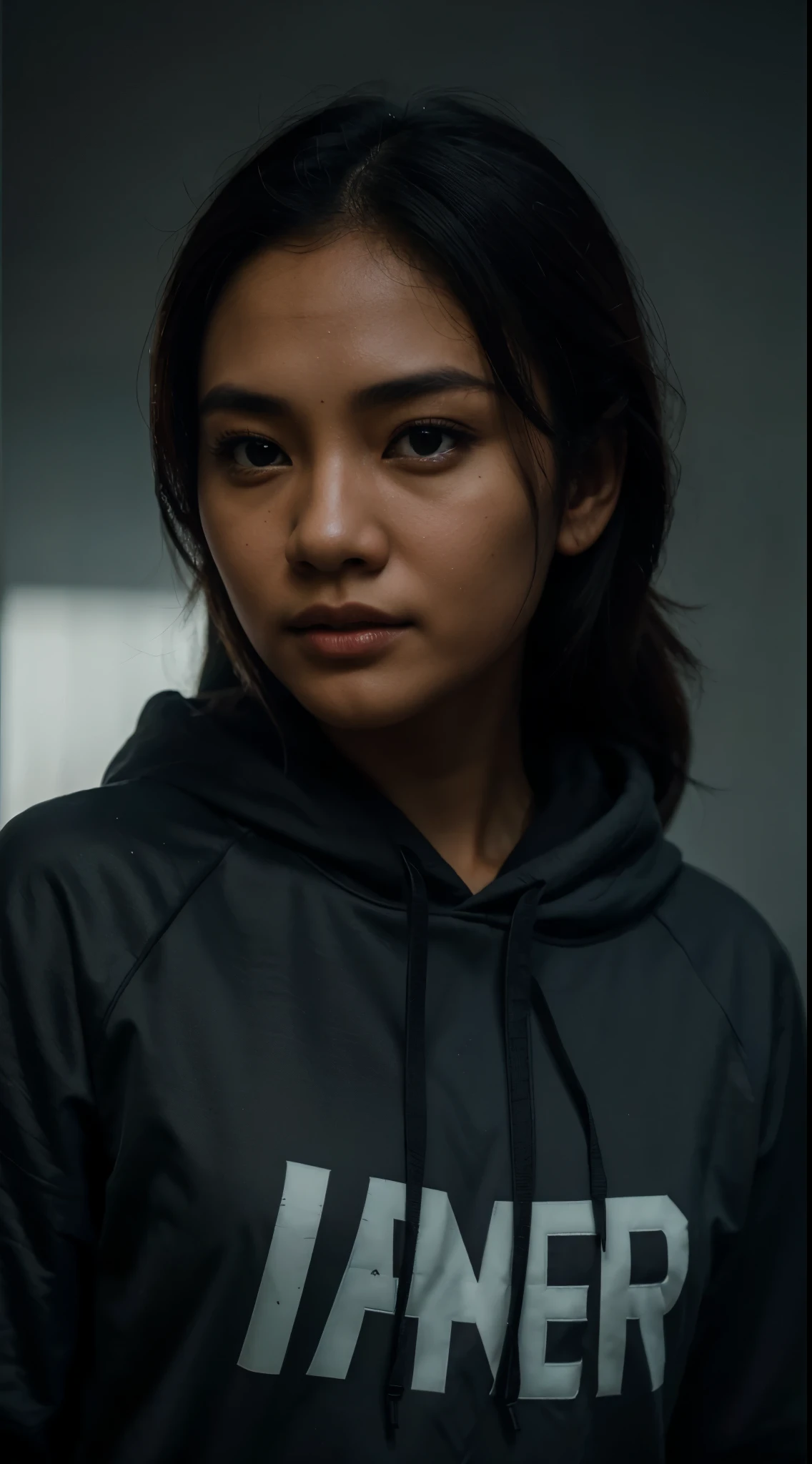 A photo of a beautiful indonesian woman wearing hoodie, only face with darknes as a background, Gcam  LMC 8.4 R15, cf triple Max Mod+Uw, 2 zoom jarak fokus 150.00, hyperrealistic, cinematic, photorealistic, ultra HD, detail texture, 8K image.