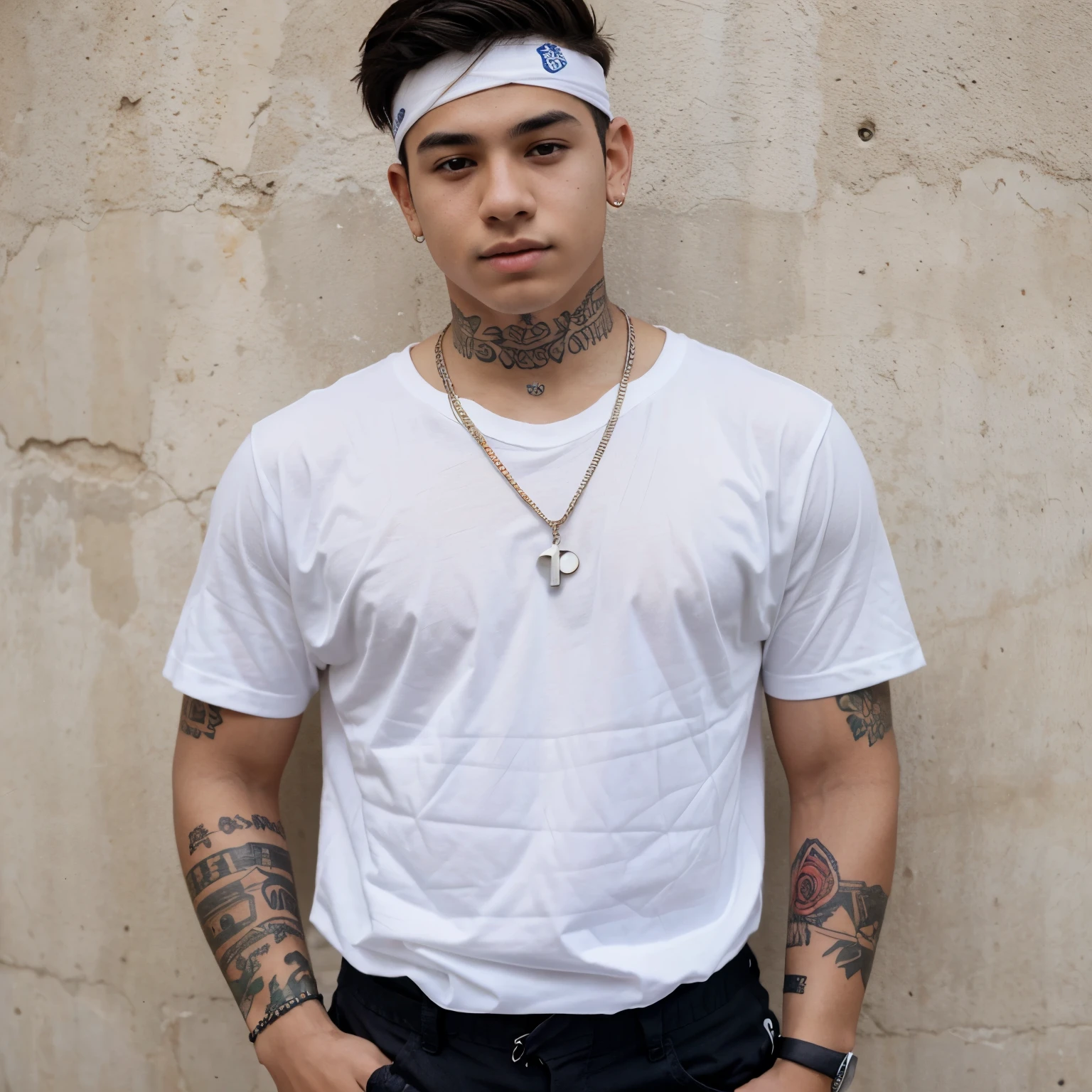 A cute young tattooed Mexican latino teenager male boy, 19 years old guy, tattoo on the neck, white pale skin, cute, huge manboobs, necklace, hot young latino teenager, cute white teen boy, virgin white latino boy, standing straight, portrait, close shot, medium shot, wearing a headband, casual aesthetic outfit y2k, big torso body, Cool, tough guy, centered, extremely close shot view, white oversized t shirt