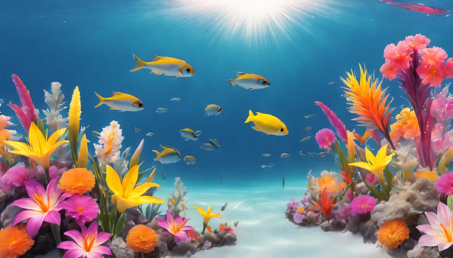Above is the blue summer sky, below there is a sea with clear sea water of light turquoise color, (Many different beautiful exotic flowers in the water:1.7), the water is very clear, on the bottom you can see many bright sea colors, Flowers bloom on sea corals and algae., Small colored fish swim among these flowers, the sun&#39;s rays penetrate the clear sea water and illuminate the sea flowers, giving them brightness, Very beautiful, realistic photo, ray tracing, Raw-Photo, Highest detail and clarity