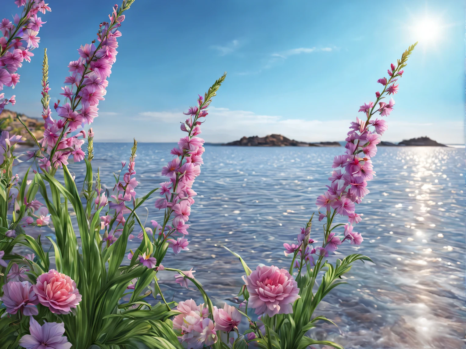 sea, Sun, beach, flowers, flowers in the water, flowers on the shore, flowers on trees and palm trees, flowers in the sky, flowers in the Sun, flowers in a glass, roses, gladioli, Asters, Dahlias, wisteria, daisies, More and more, more than a lot, a lot is good, a lot is beautiful, life is flowers, A high resolution, clear contours, hyperdelicate, Hyperrealistic, hypercarsive, hyper-masterpiece, hypercolor, hyperfiligree
