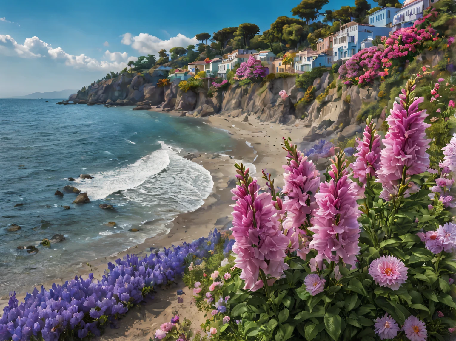 sea, Sun, beach, flowers, flowers in the water, flowers on the shore, flowers on trees and palm trees, flowers in the sky, flowers in the Sun, flowers in a glass, roses, gladioli, Asters, Dahlias, wisteria, daisies, More and more, more than a lot, a lot is good, a lot is beautiful, life is flowers, A high resolution, clear contours, hyperdelicate, Hyperrealistic, hypercarsive, hyper-masterpiece, hypercolor, hyperfiligree